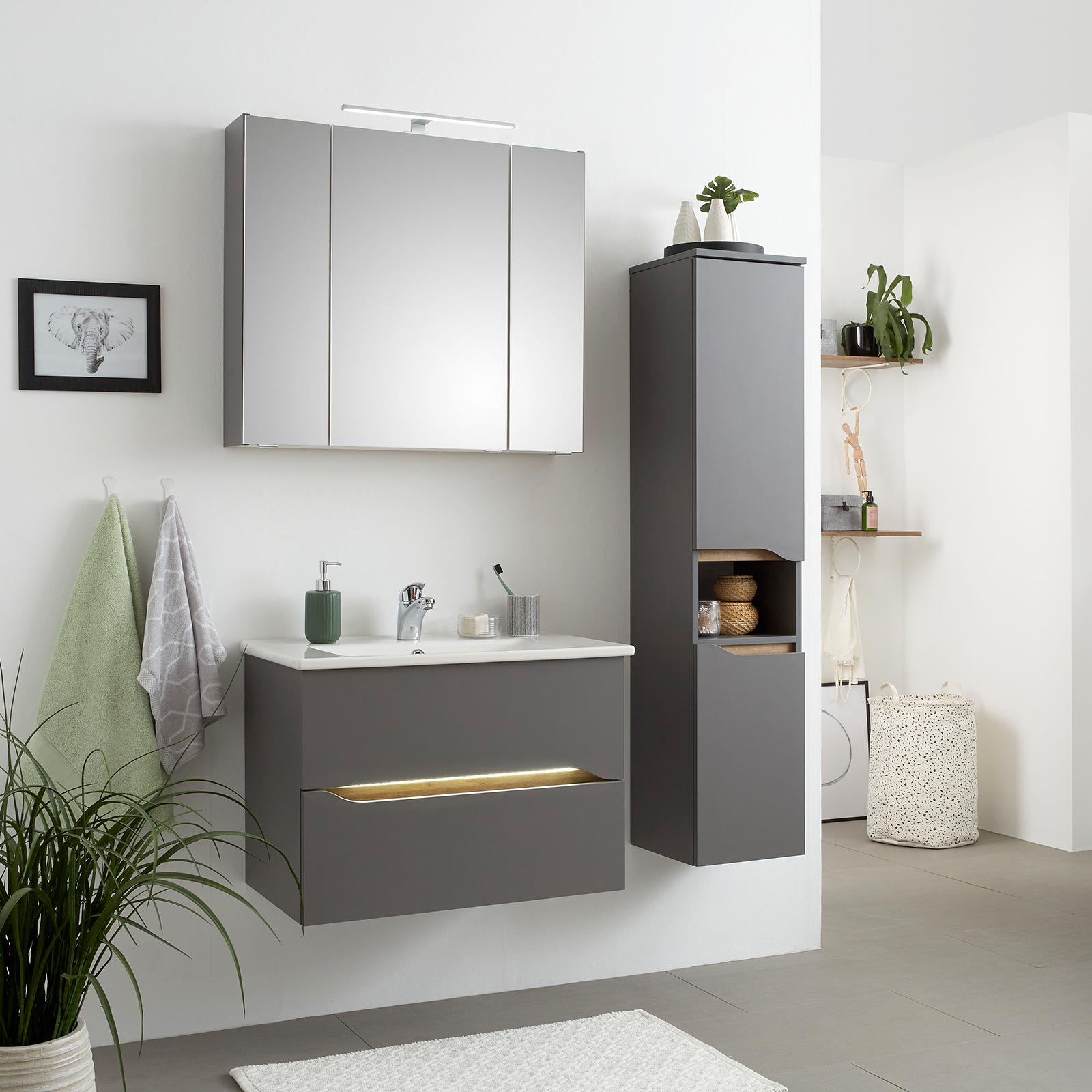 Midischrank - Quarzgrau matt - Riviera Eiche - 141 cm