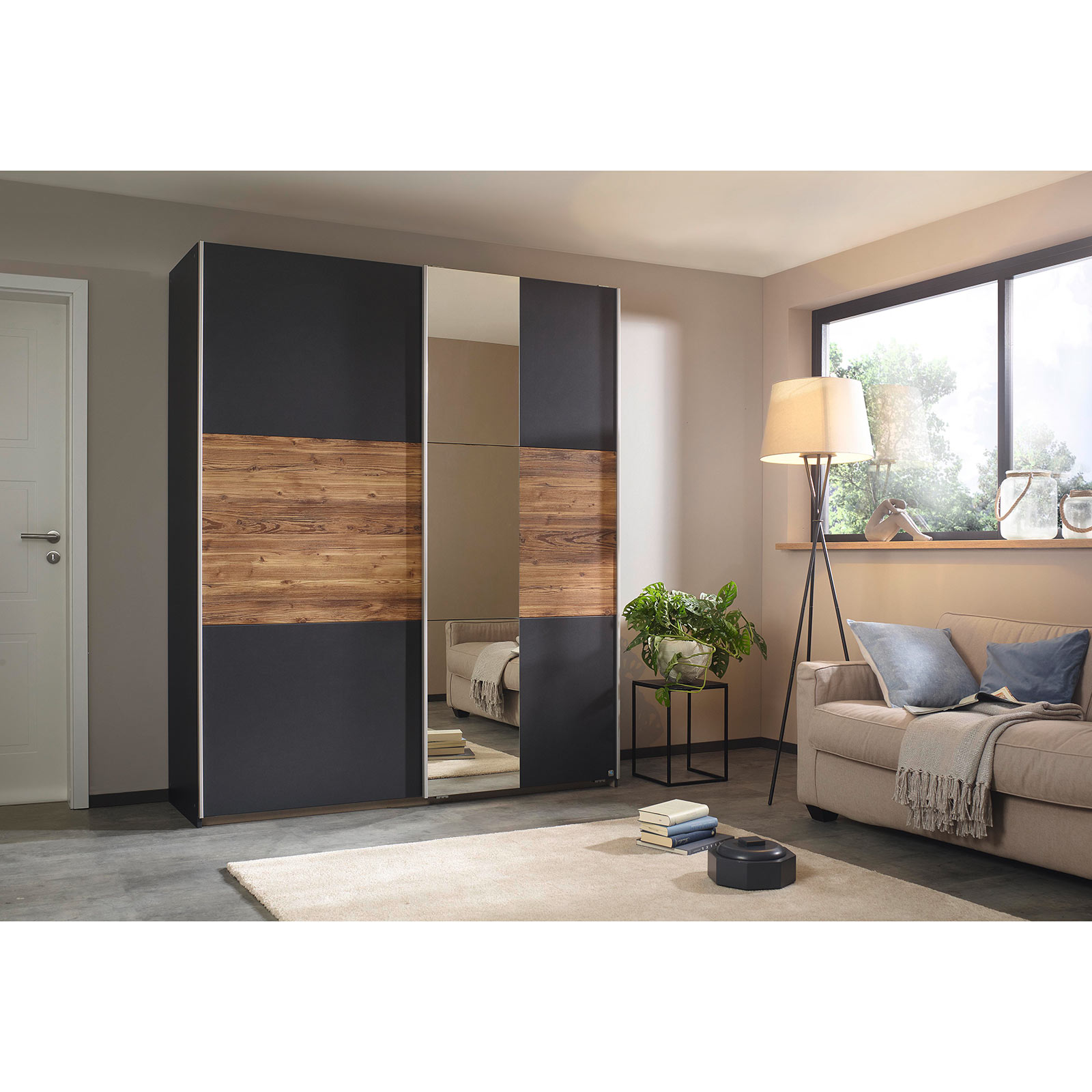 Schwebetürenschrank - grau Metallic - Fichte - 175 cm ...