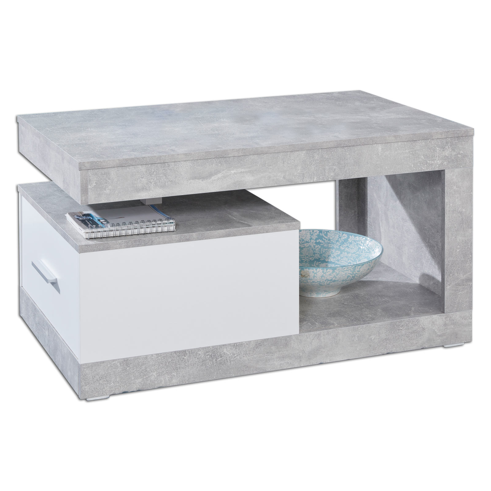 Couchtisch - weiß-Beton Stone - mit Schubkasten
