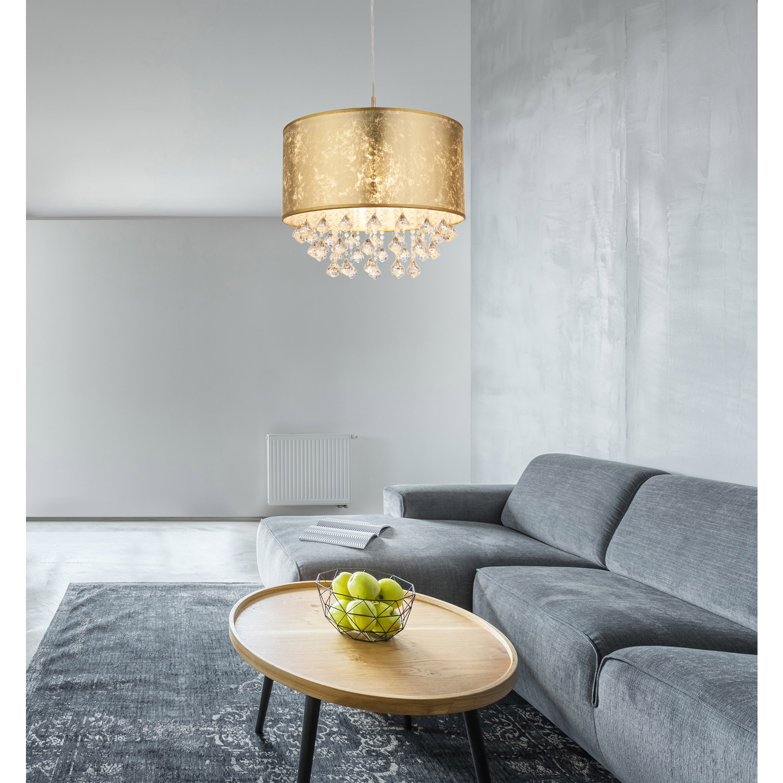 Pendelleuchte - gold-metallic - Stoffschirm - 140 cm hoch