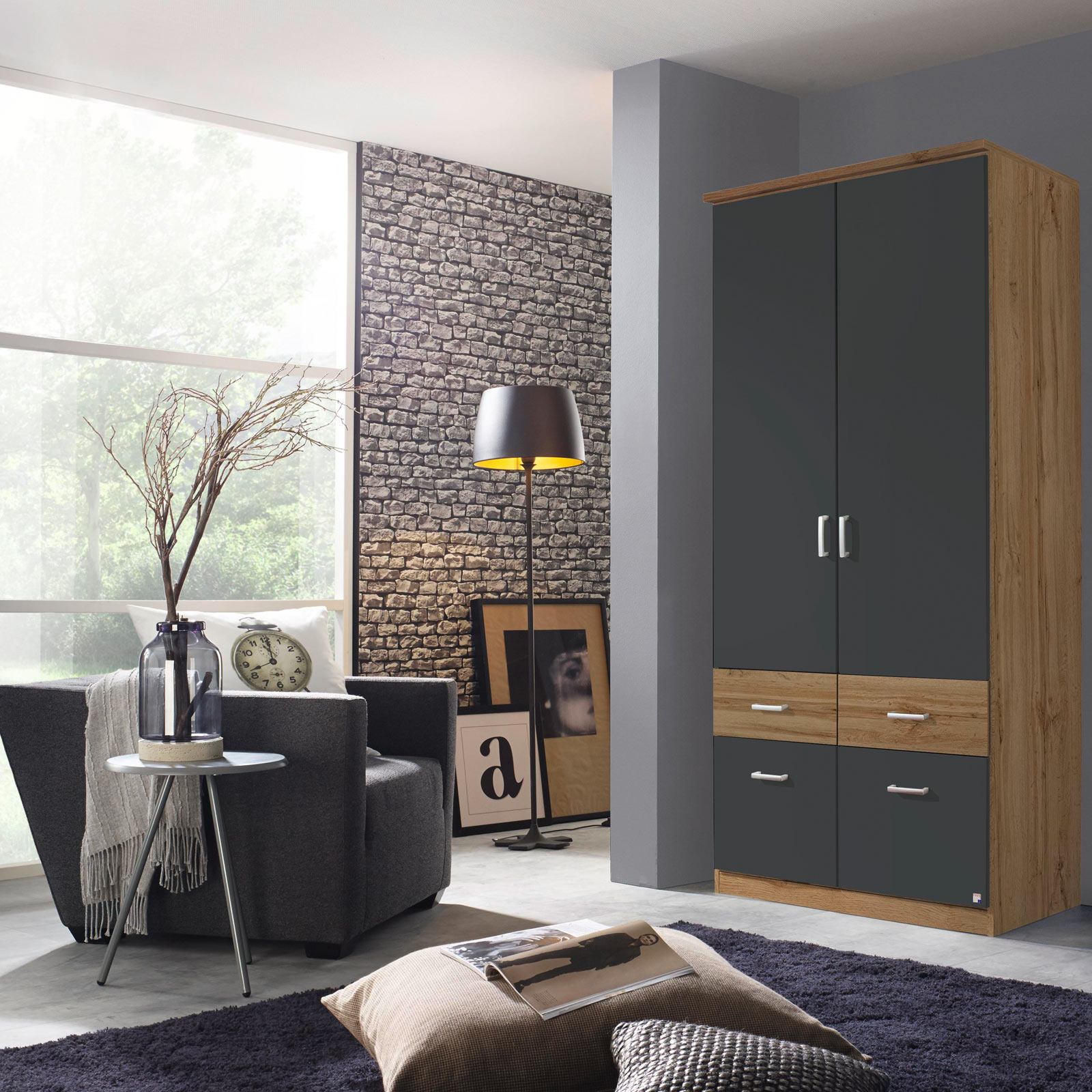 Drehtürenschrank - Wotan Eiche-grau metallic - 91 cm breit