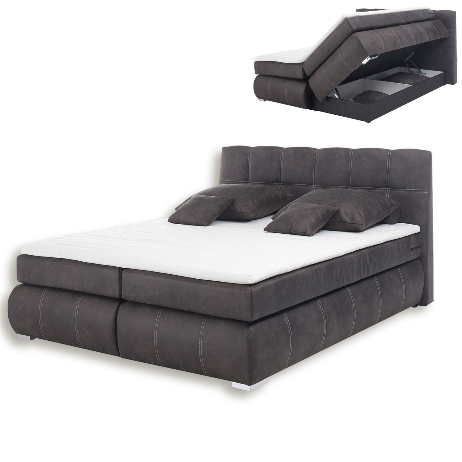 Boxspringbett KENZO H2 grau mit Staukasten 180x200