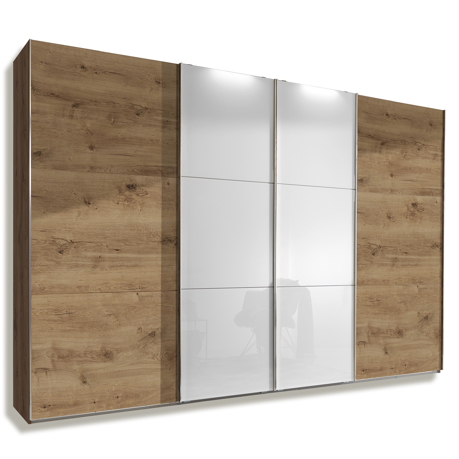 Schwebetürenschrank ESCAPE - Plankeneiche-Weißglas - 300 cm
