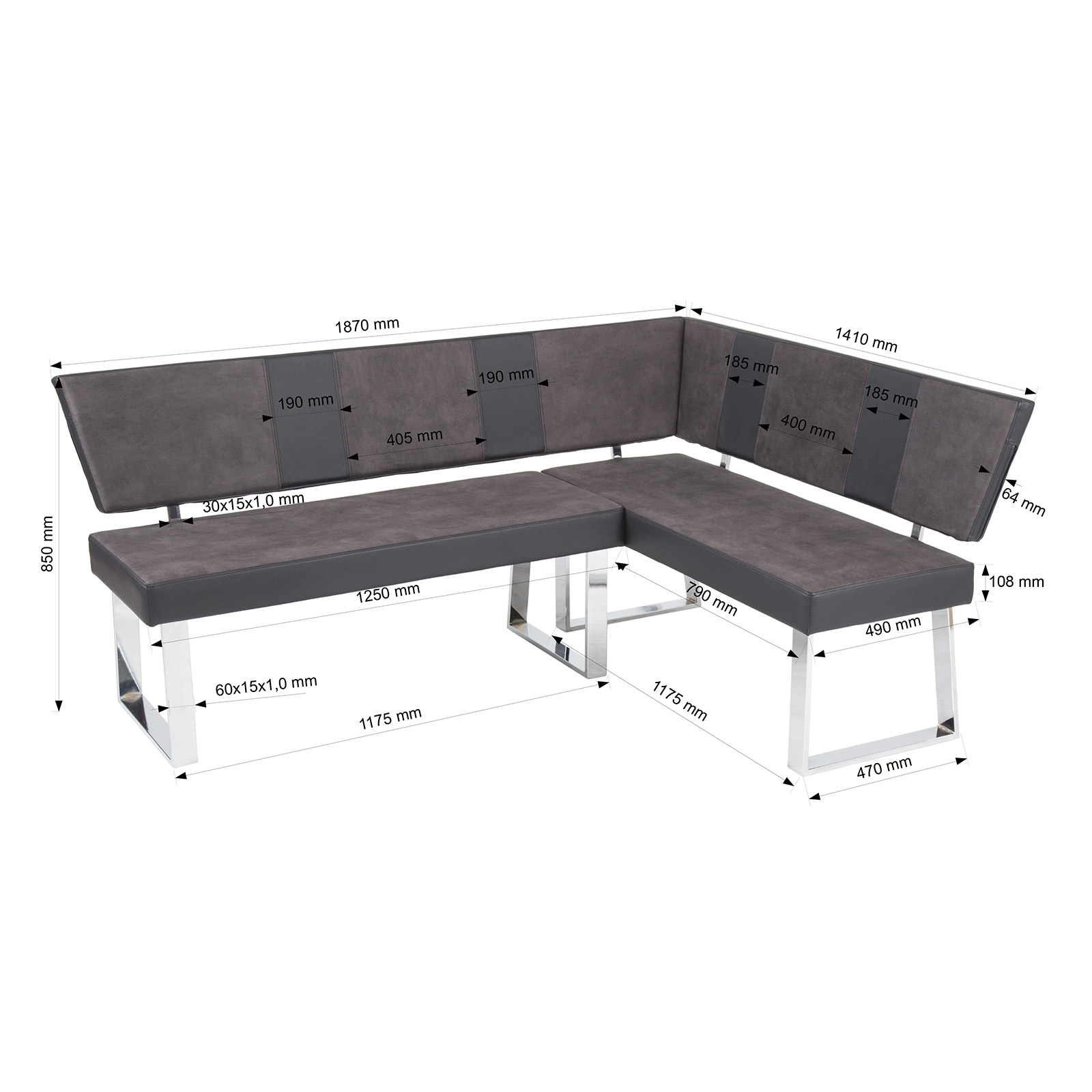 Eckbank - schwarz-grau - 187x141 cm