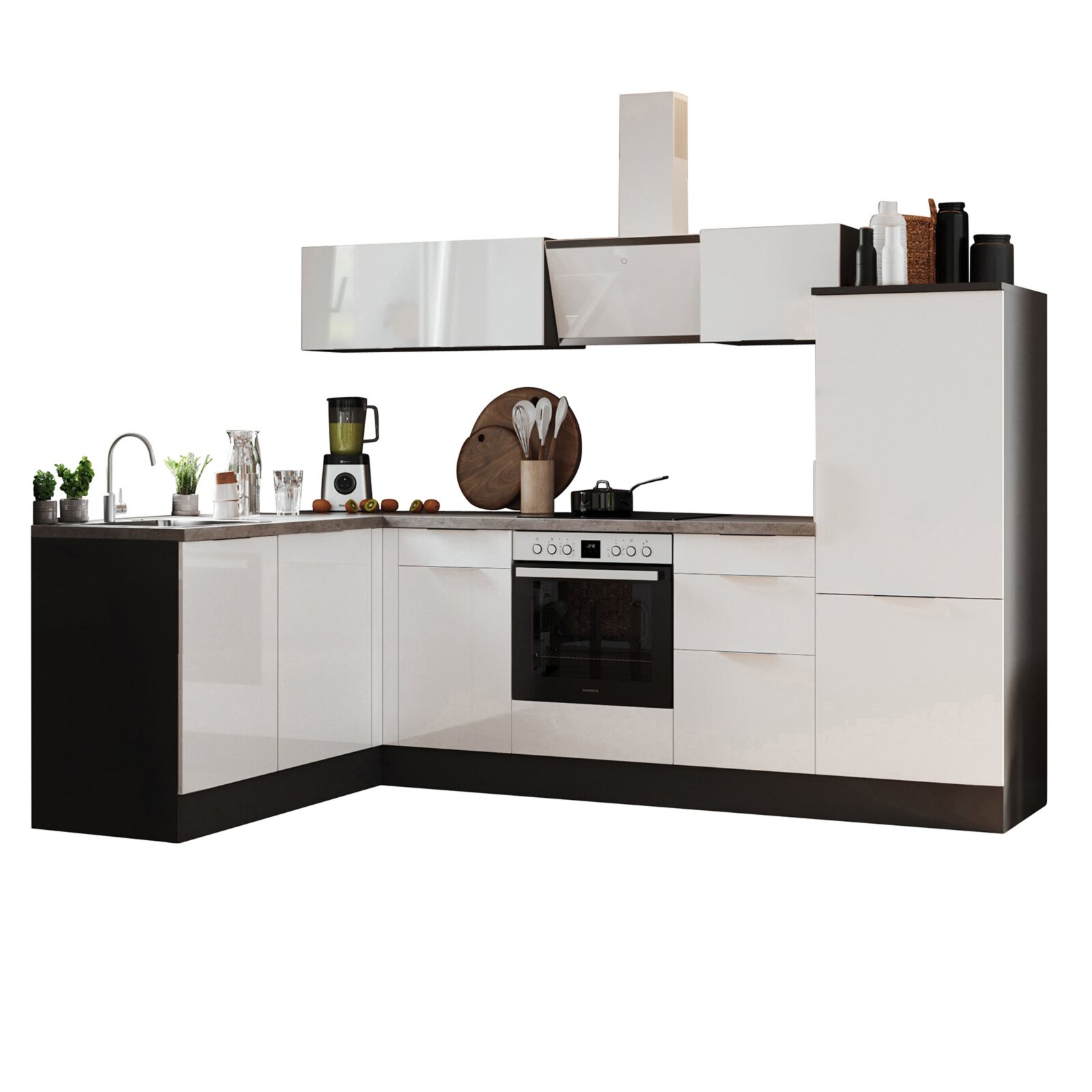 RESPEKTA Winkelküche - weiß Hochglanz - grau matt - mit E-Geräten - 280x175  cm | Online bei ROLLER kaufen