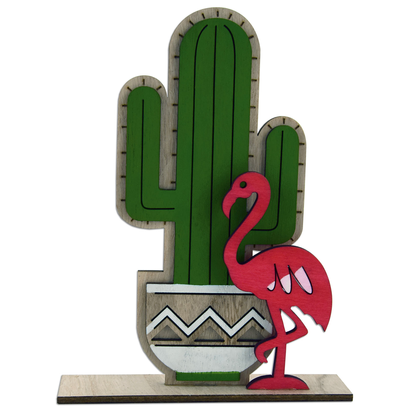 Dekofigur Kaktus mit Flamingo grün-pink 23,5 cm hoch Holz