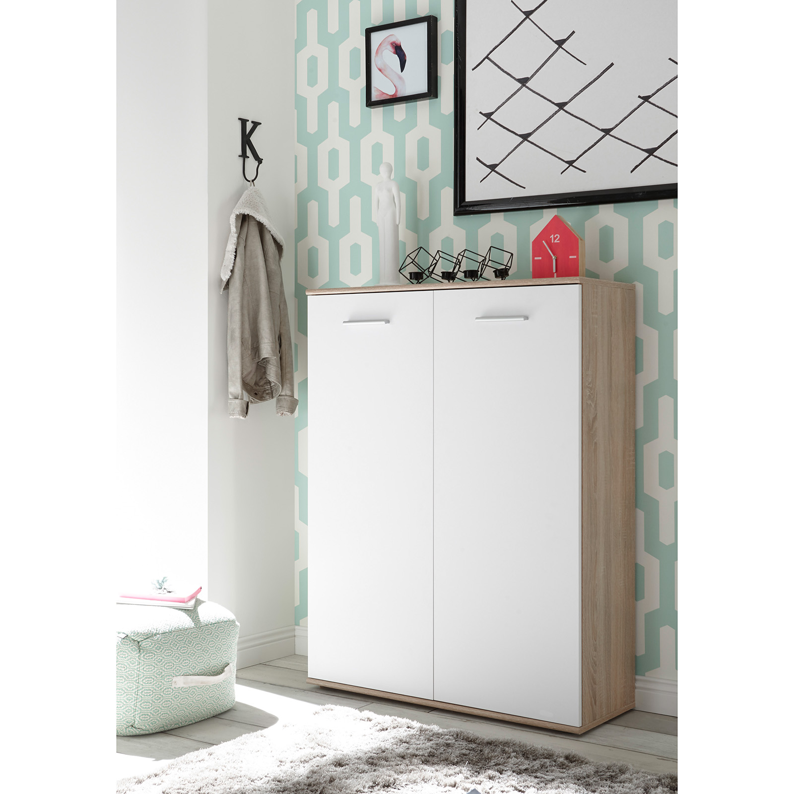 Schuhschrank - Sonoma Eiche-weiß - 2 Türen - 90 cm breit