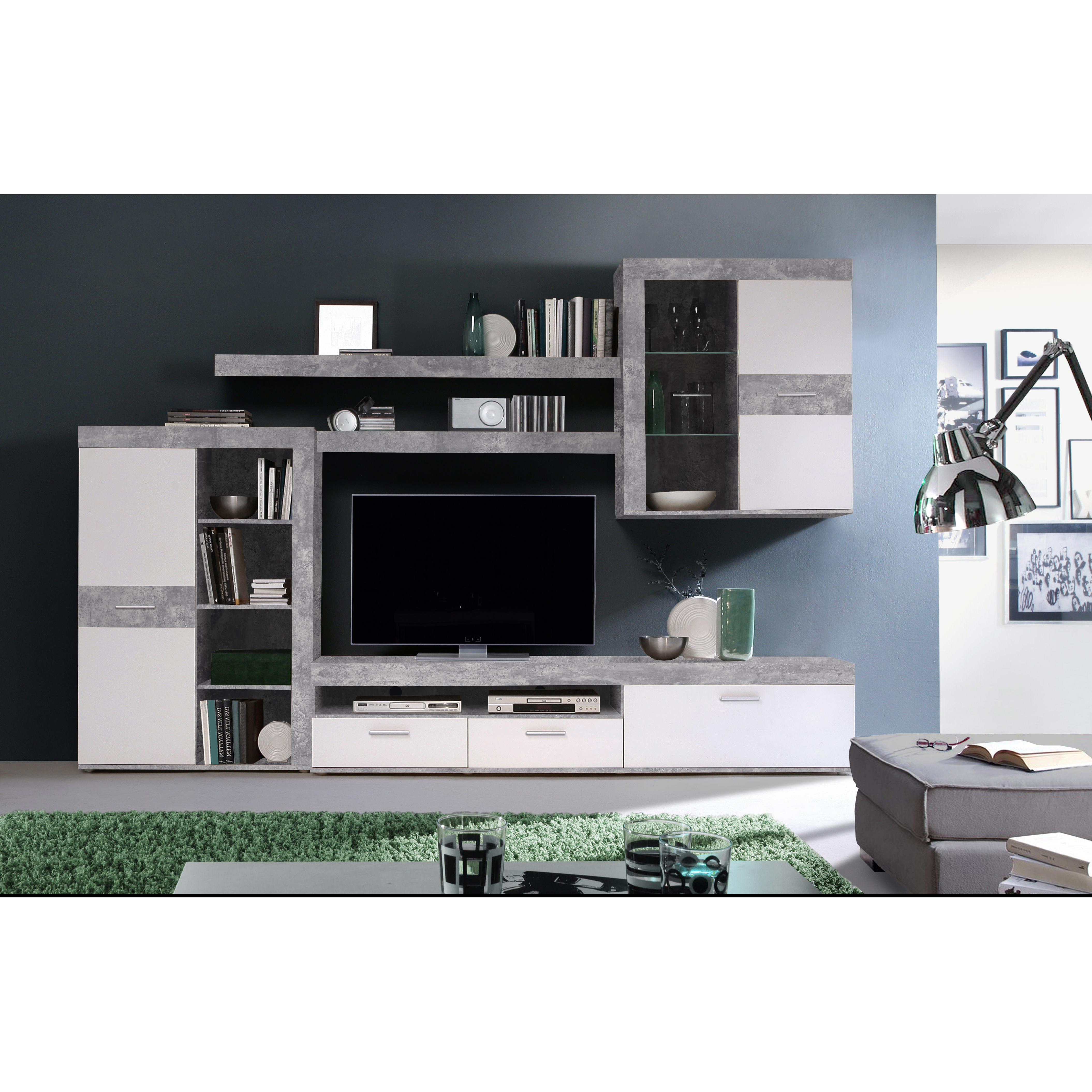 Wohnwand - Betonoptik-weiß - 300 cm - Vitrine