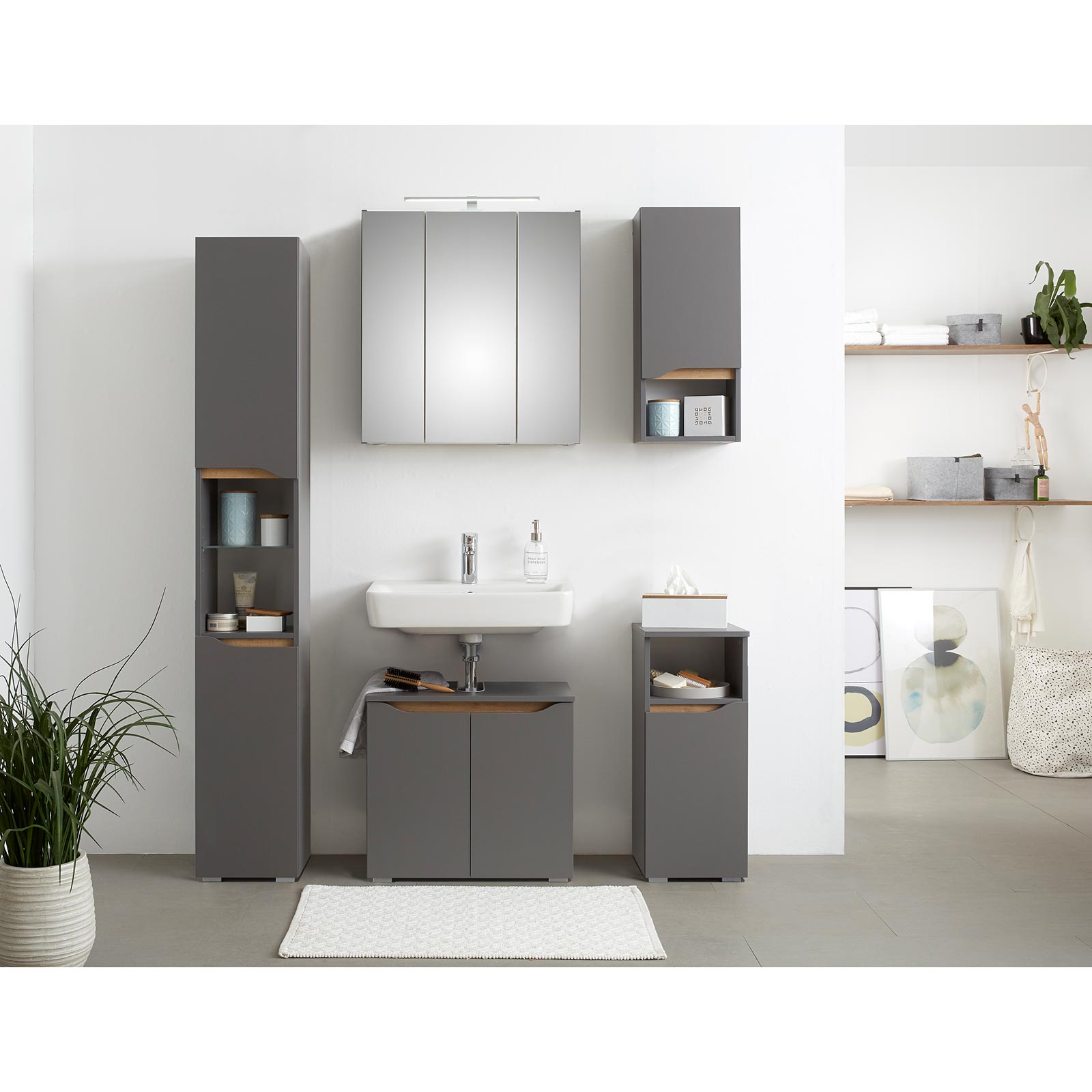 Spiegelschrank - Quarzgrau matt - mit Beleuchtung - 65 cm