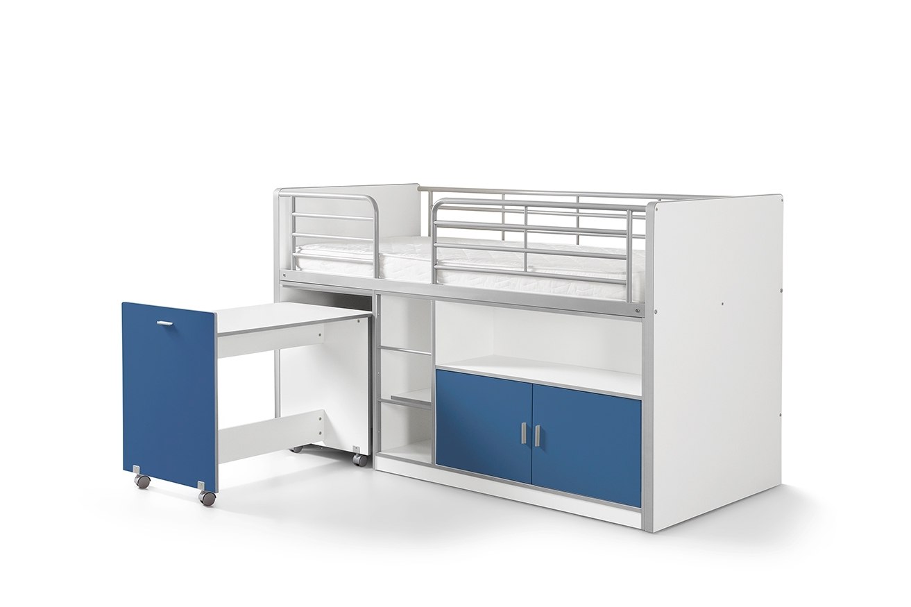 Funktions-Hochbett BONNY - weiß-blau - mit Schreibtisch - 90x200 cm