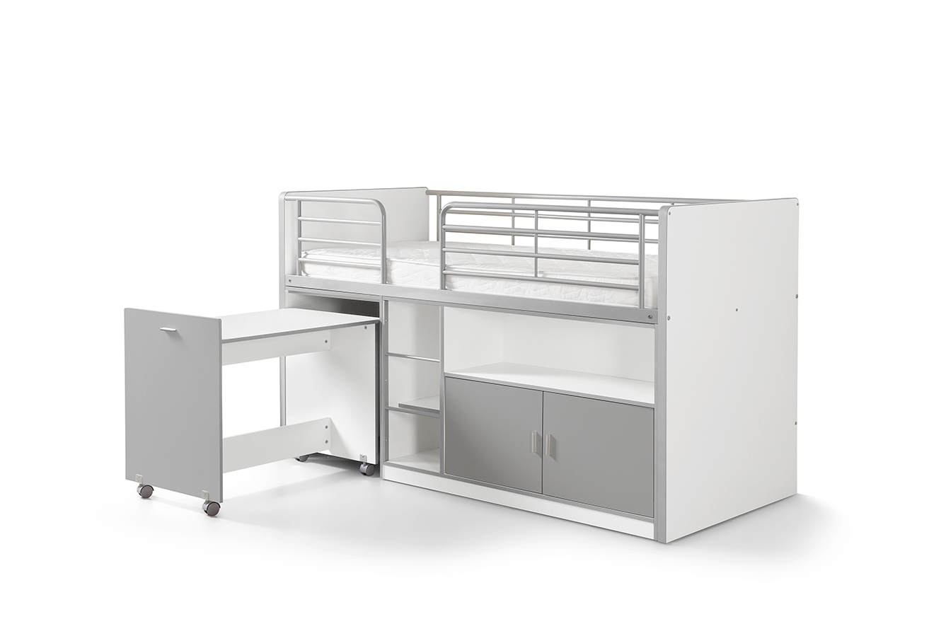 Funktions-Hochbett BONNY - weiß-silbergrau - mit Schreibtisch - 90x200 cm