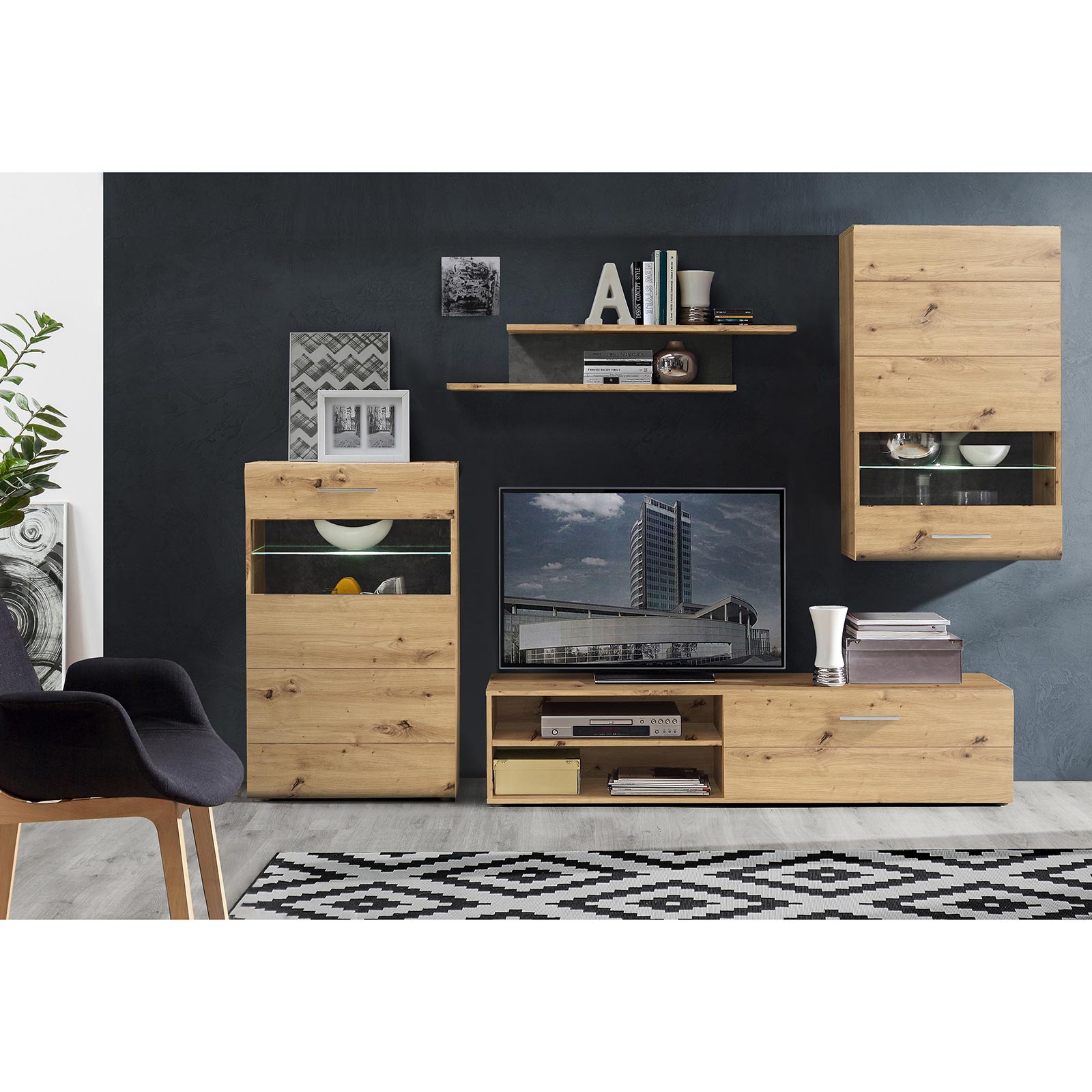Wohnwand - Artisan Eiche - mit Beleuchtung