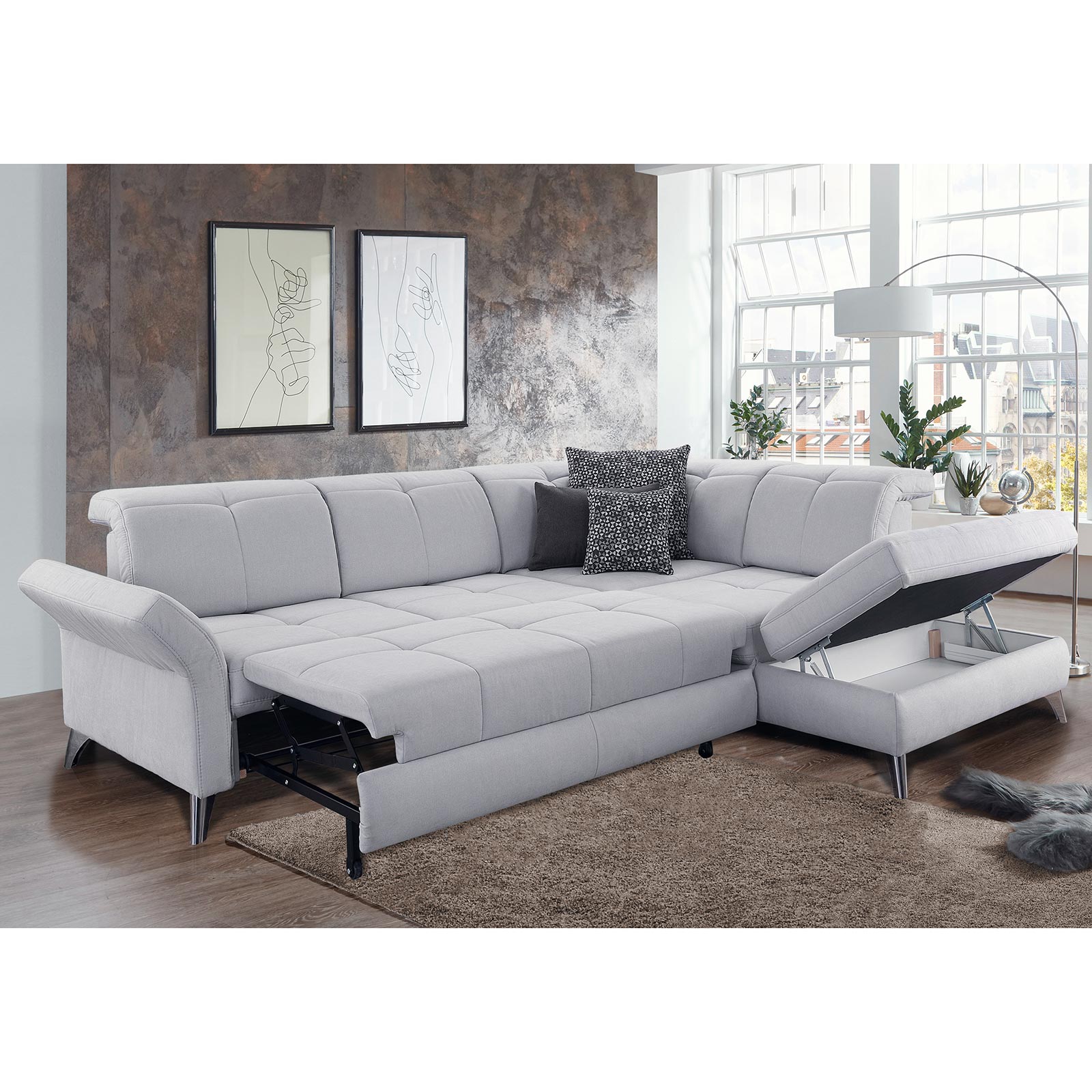Ecksofa - silver - Microfaser - Liegefunktion
