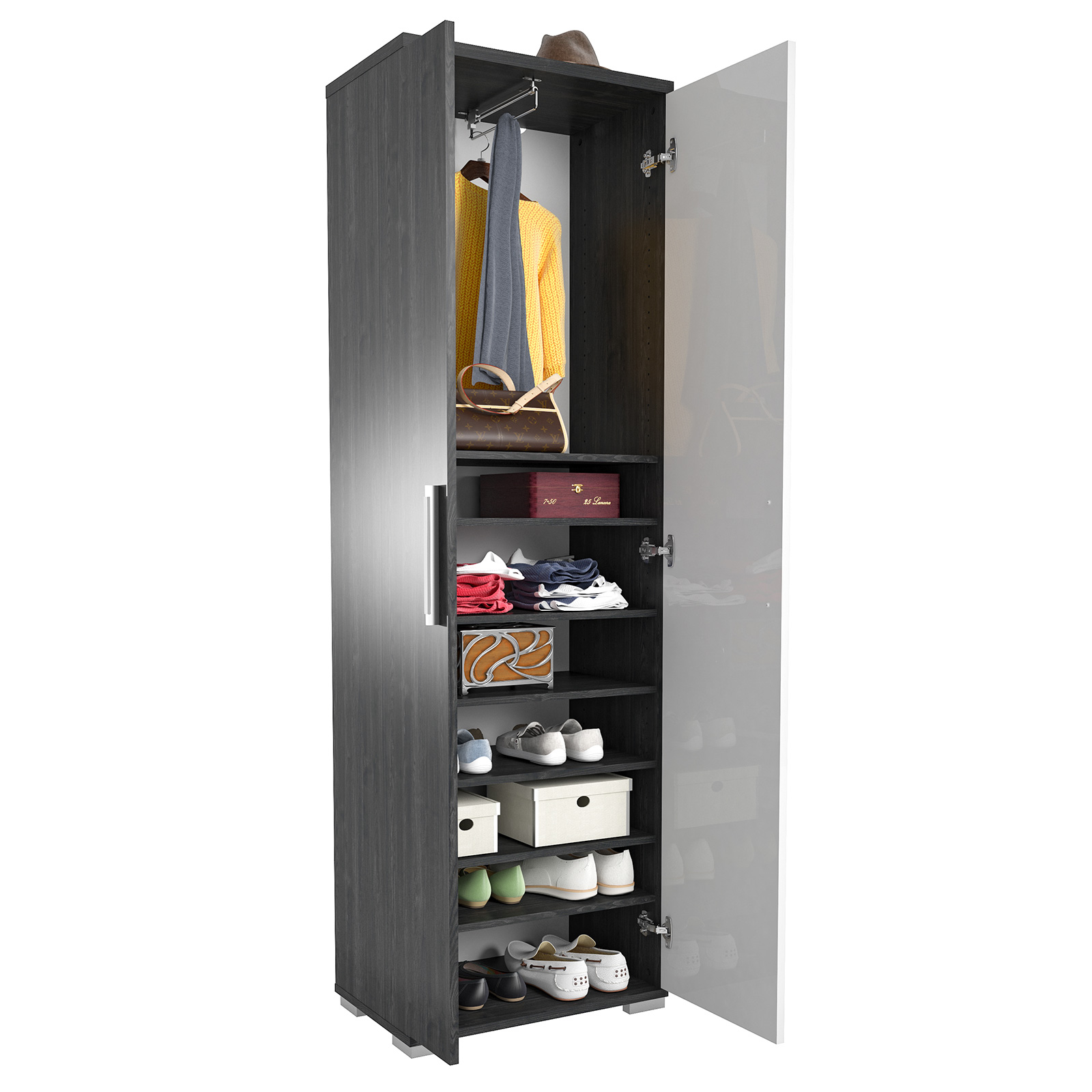 Garderobenschrank - Ash-Oak - weiß Hochglanz - 60 cm