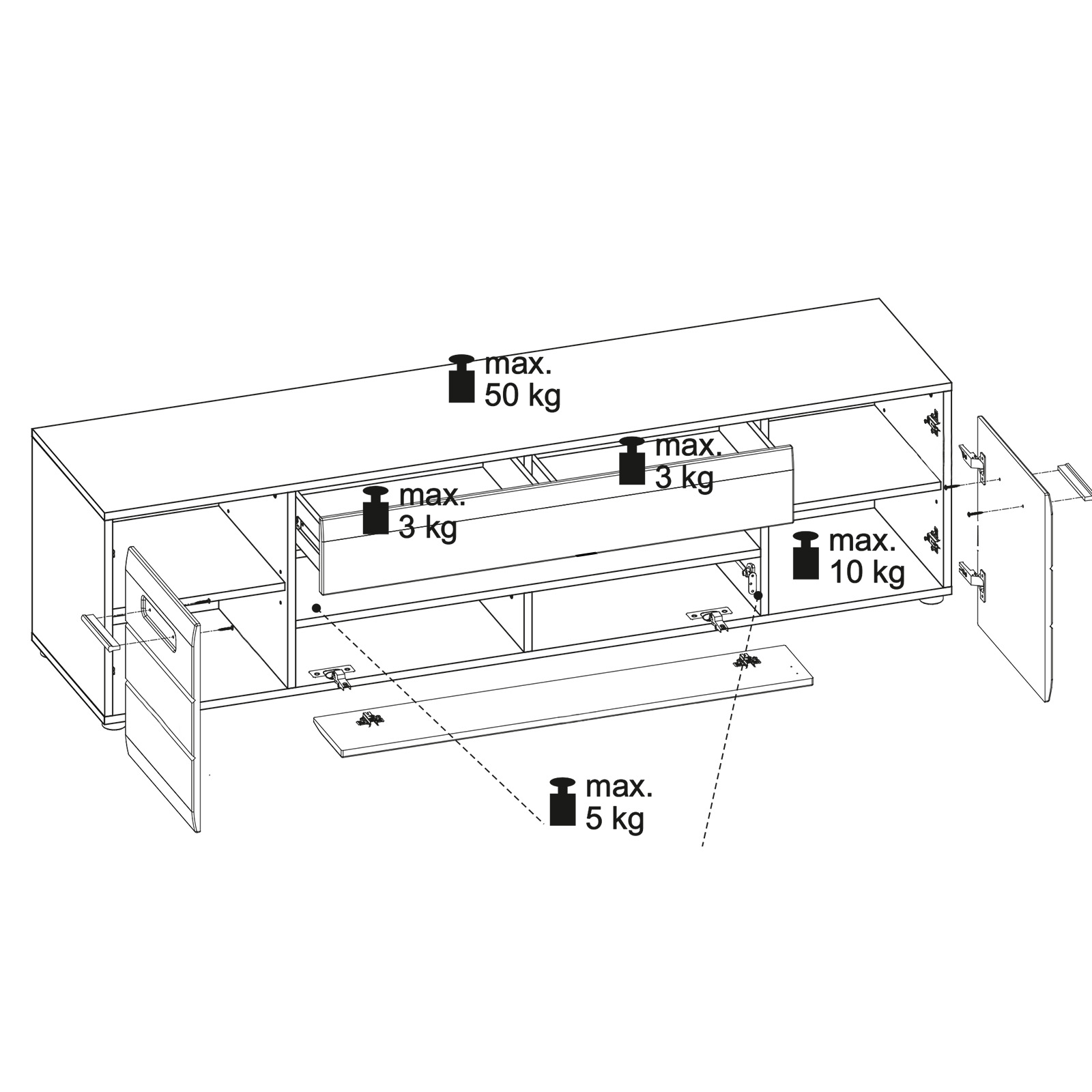 Lowboard - weiß - Hochglanz - 170 cm breit
