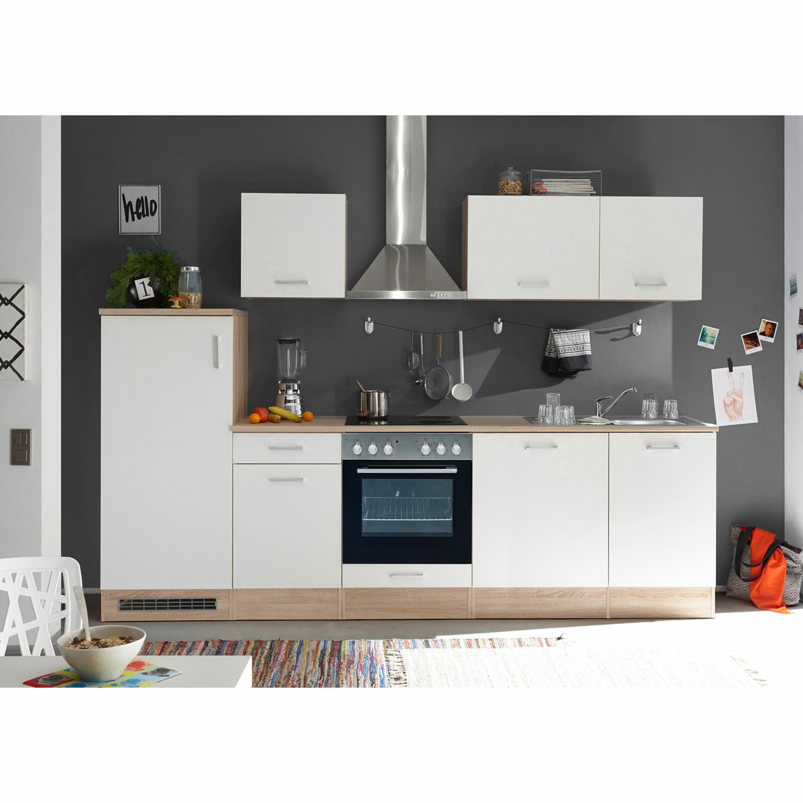 Küchenblock - weiß matt - Sonoma Eiche - mit E-Geräten - 280 cm | Online  bei ROLLER kaufen | Küchenzeilen mit Geräten