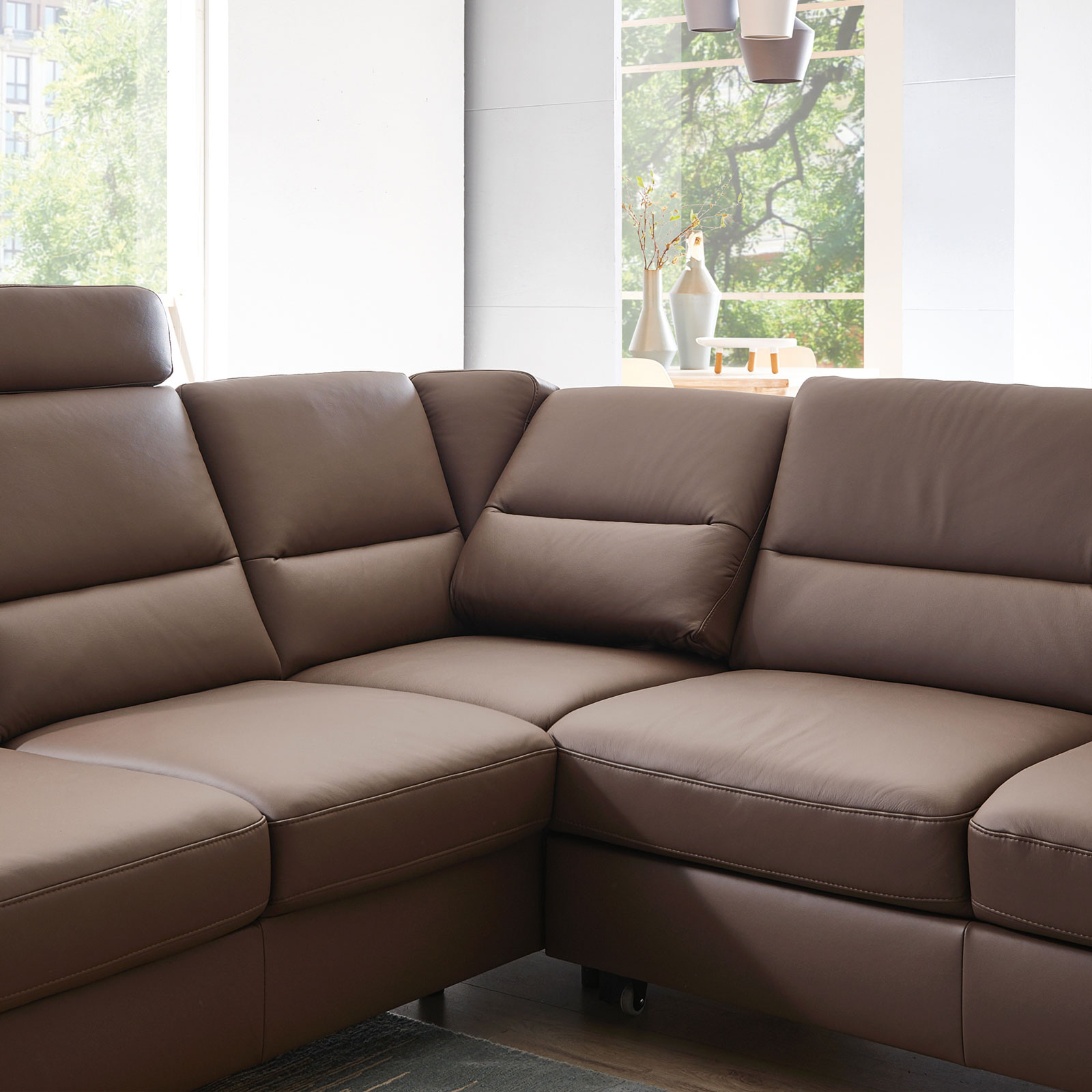 polsterpower Ledersofa - Ecksofa - braun - mit Funktionen - Ottomane