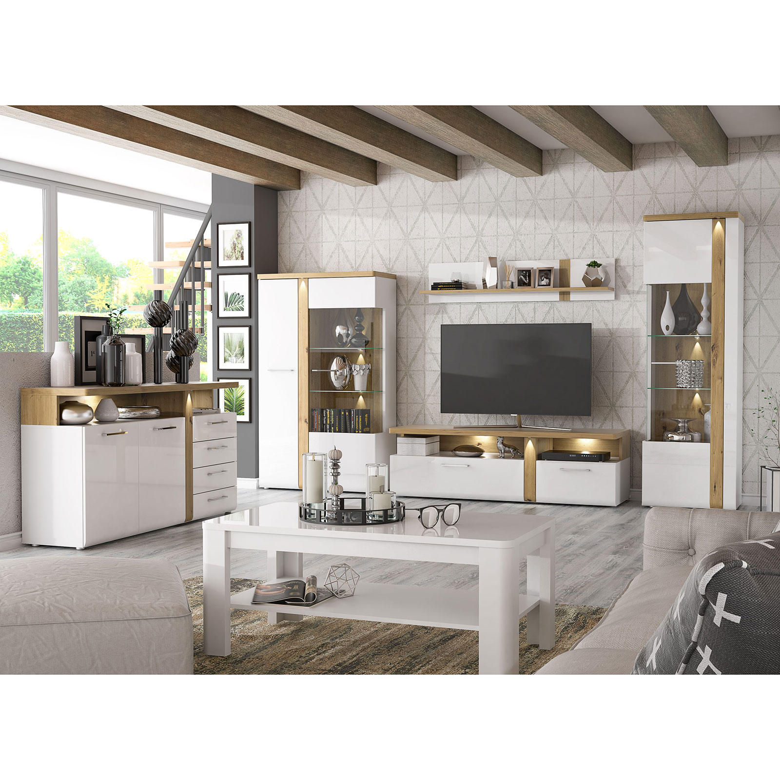 4-teiliges Wohnwand-Set - weiß-Artisan Eiche - Beleuchtung