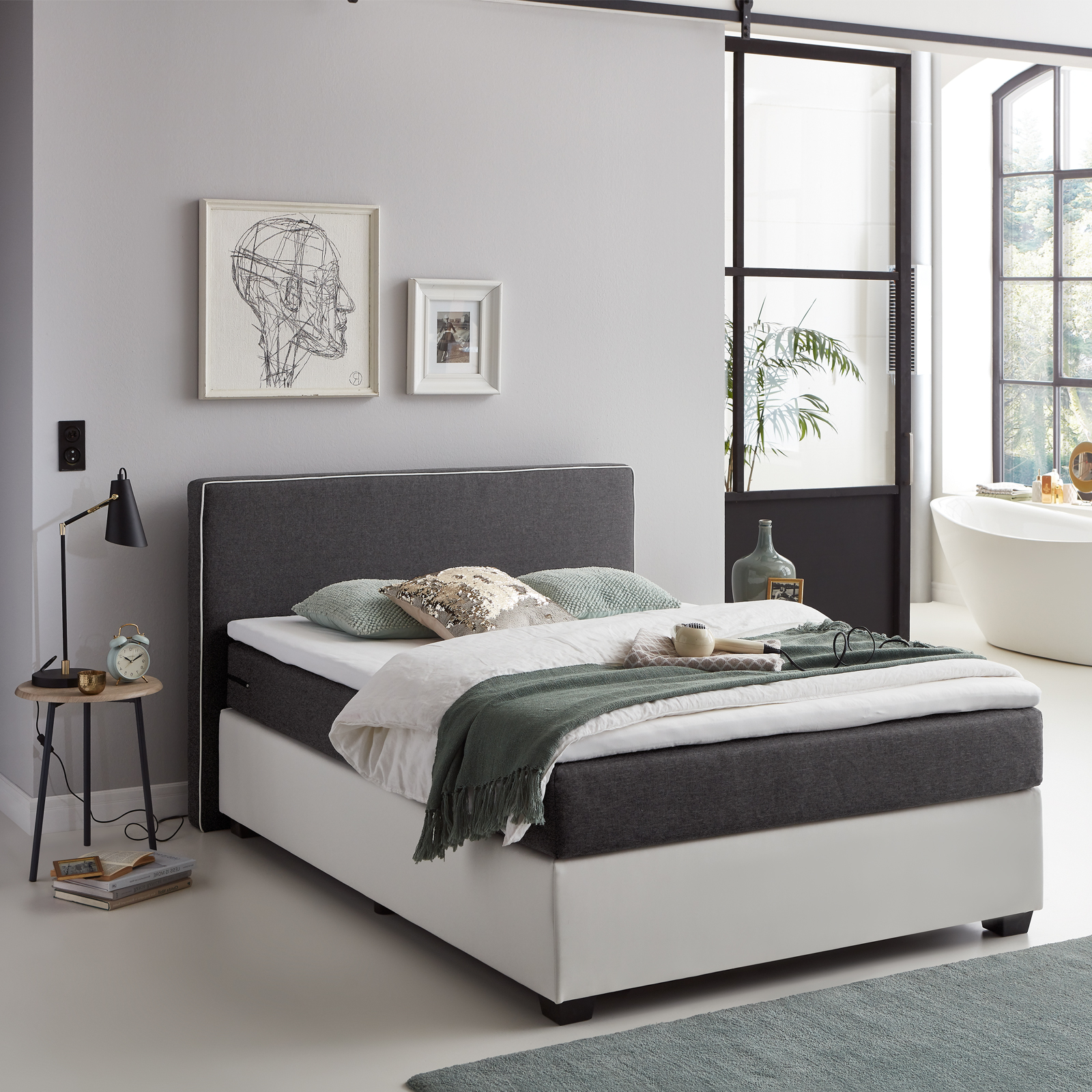 Boxspringbett - weiß-grau - H2 - 140x200 cm