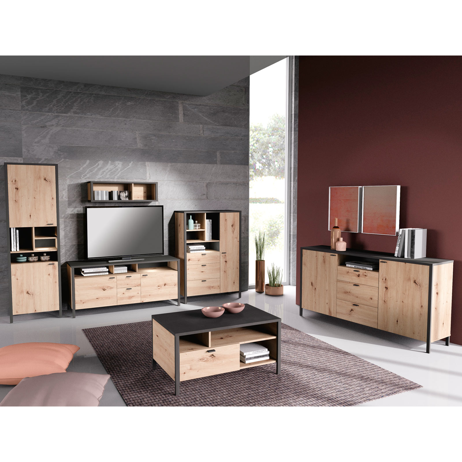 Vitrinenschrank - Artisan Eiche - Stahloptik - 198 cm hoch