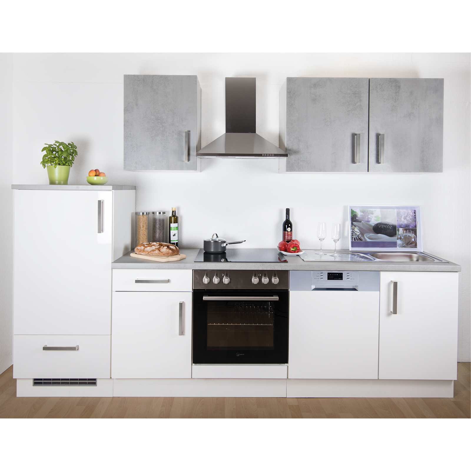 Küchenblock - weiß Hochglanz - Betonoptik - 280 cm