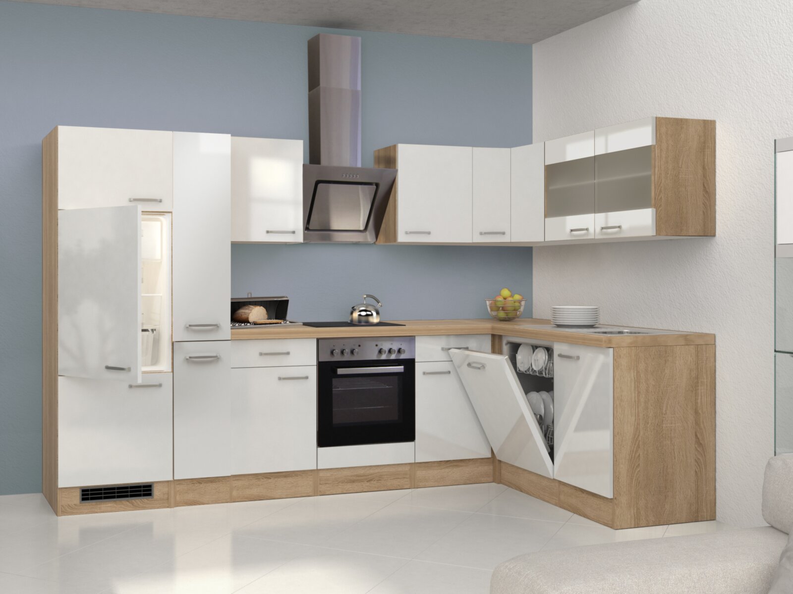 Winkelküche VALERO - weiß Hochglanz-Sonoma Eiche - mit E-Geräten - 310x170  cm | Online bei ROLLER kaufen