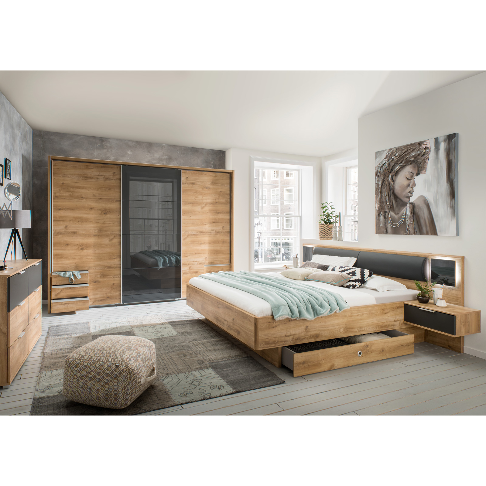 Futonbett - Plankeneiche - Graphit - 180x200 cm