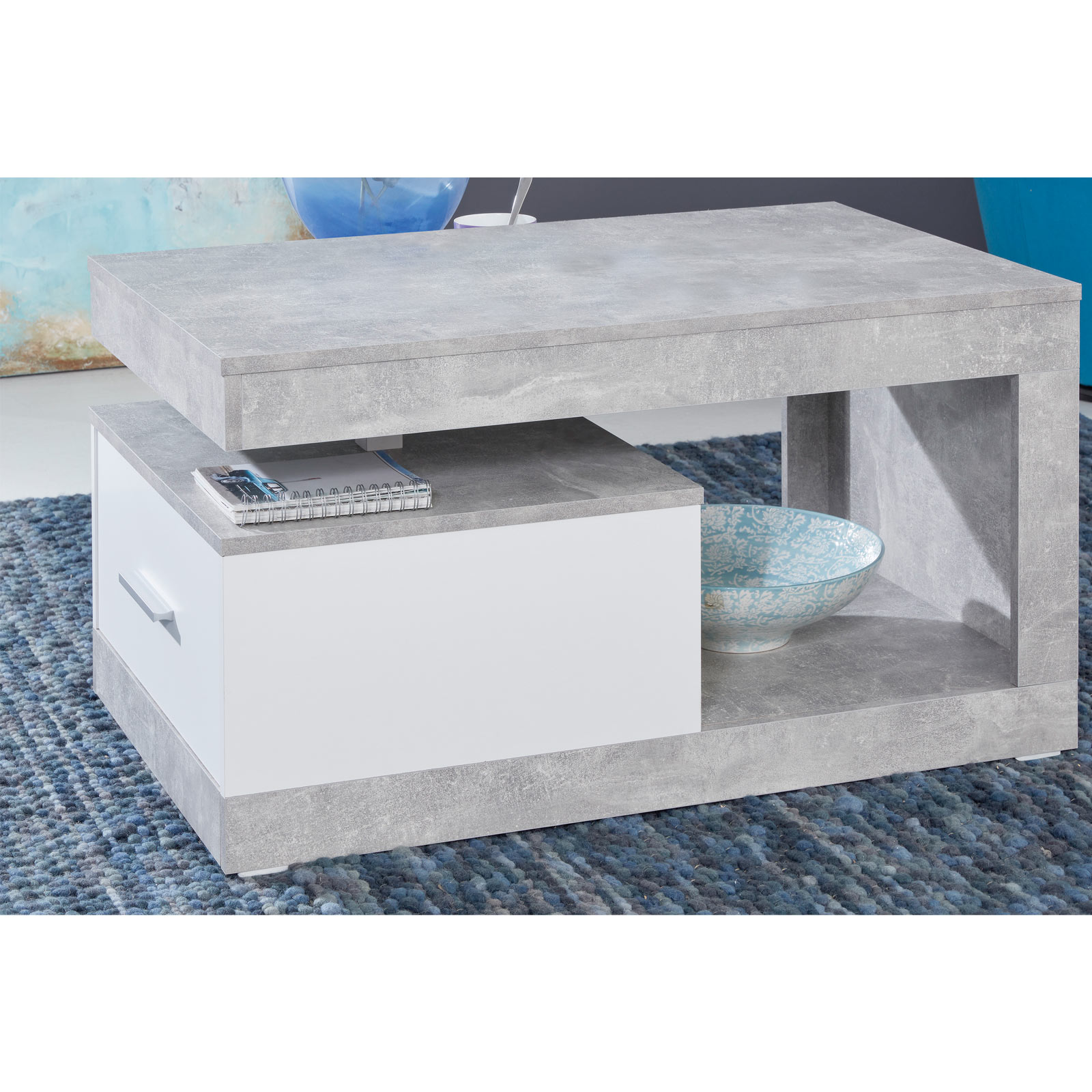 Couchtisch - weiß-Beton Stone - mit Schubkasten