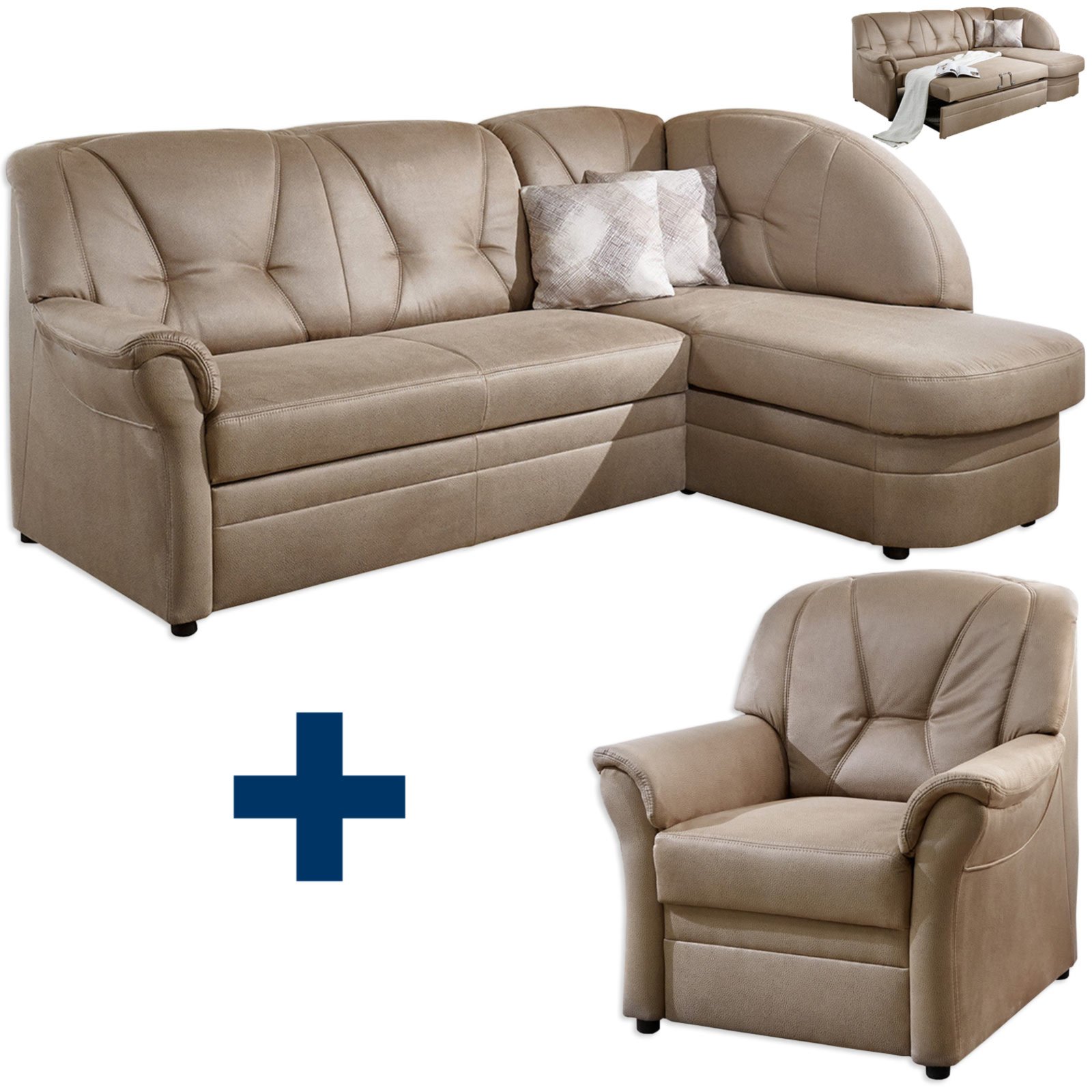 Set - Eckgarnitur mit Sessel - sand - mit Liegefunktion | Online bei