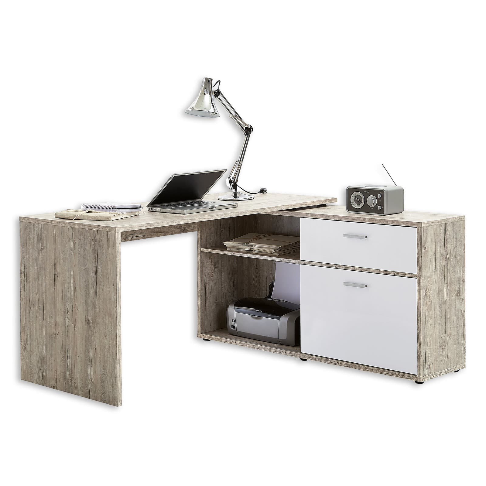 Winkel-Schreibtisch - Sandeiche-weiß - mit Regal