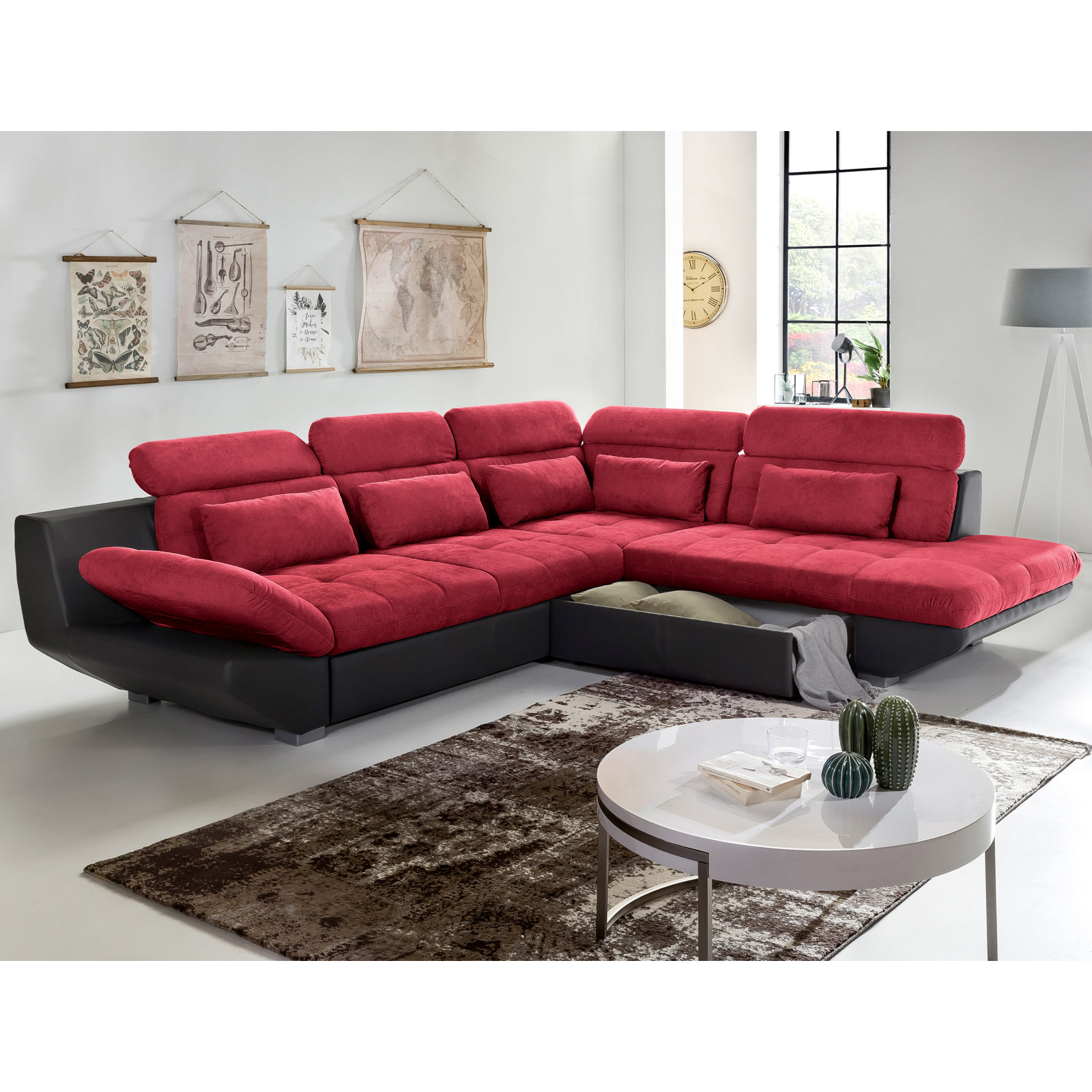 Ecksofa - rot-schwarz - Ottomane rechts