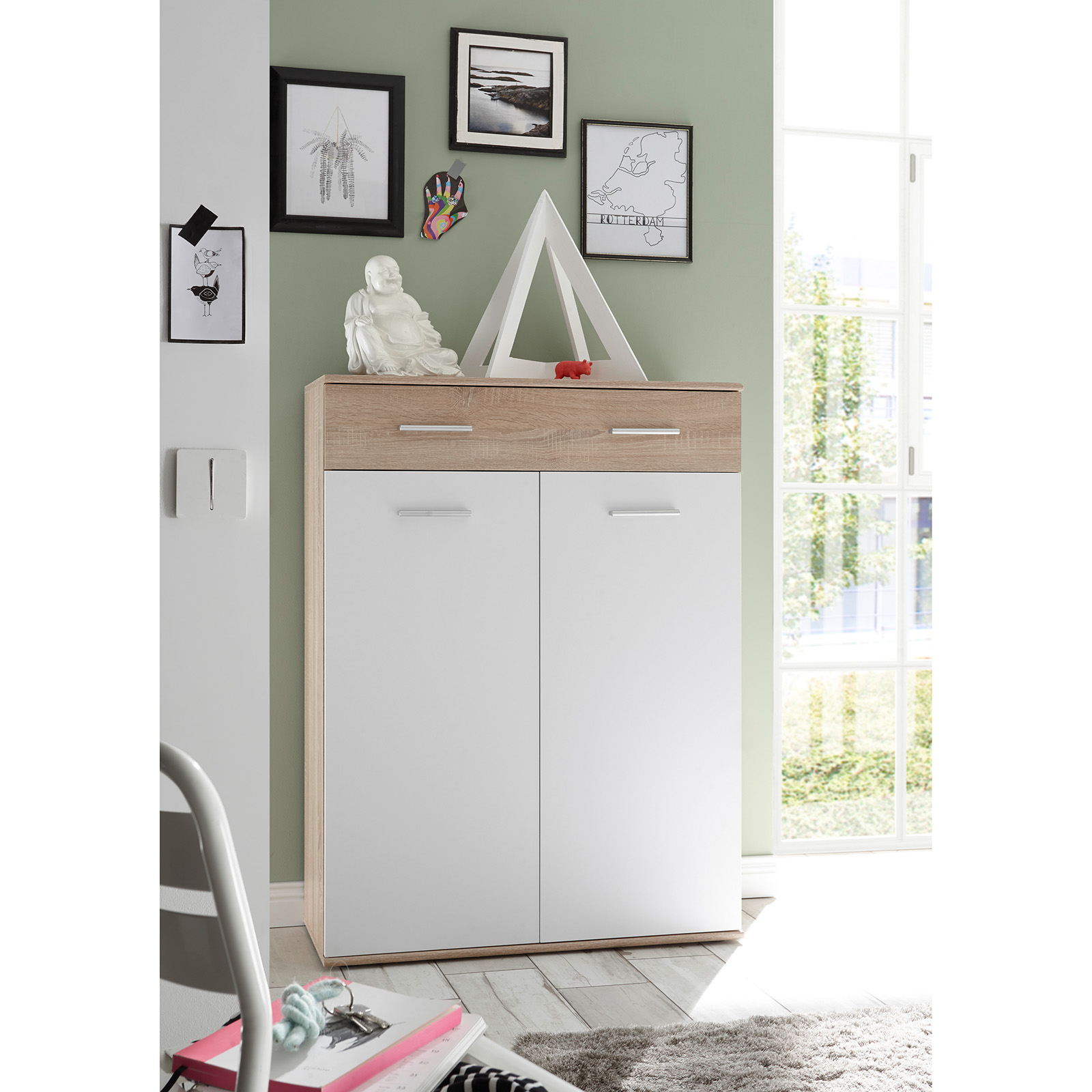 Schuhschrank - Sonoma Eiche - weiß - 90 cm breit