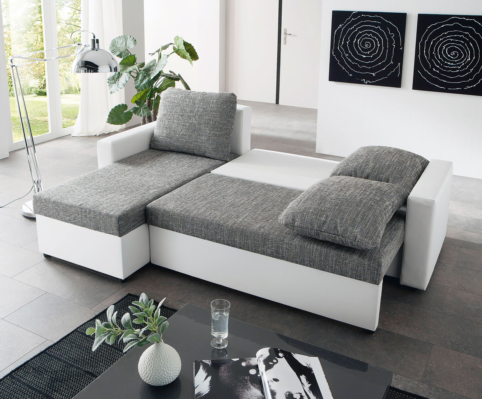 Ecksofa - weiß-grau - Liegefunktion