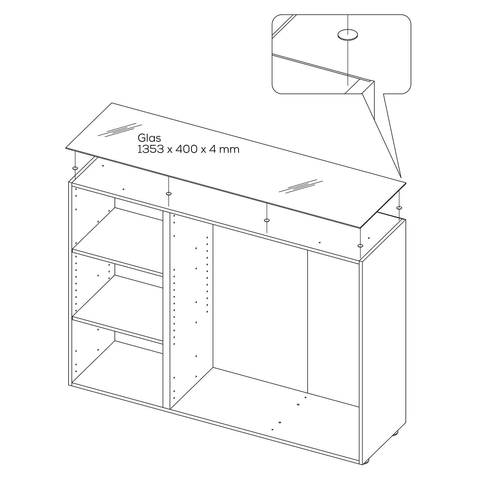 Kommode - weiß matt - Glasaufsatz - 135 cm