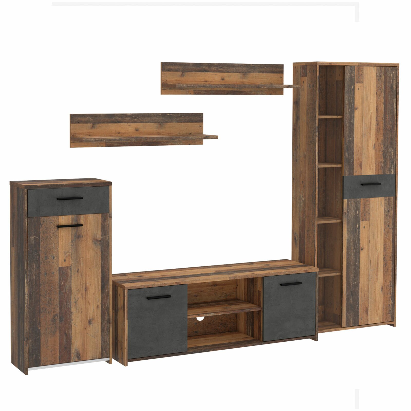 5-teilige wohnwand - old wood vintage - betonoptik | online bei
