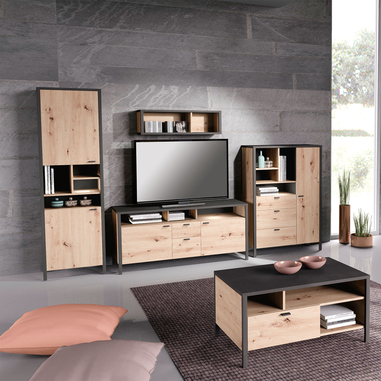 4-teiliges Wohnwand-Set - Artisan Eiche - Stahloptik