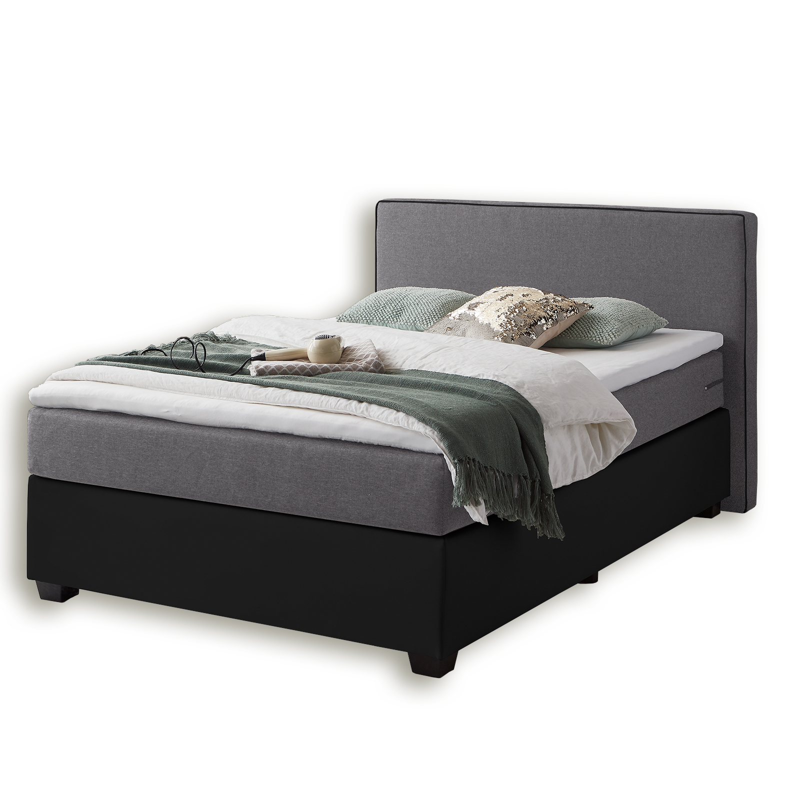 Boxspringbett - schwarz-hellgrau - H2 - 140x200 cm