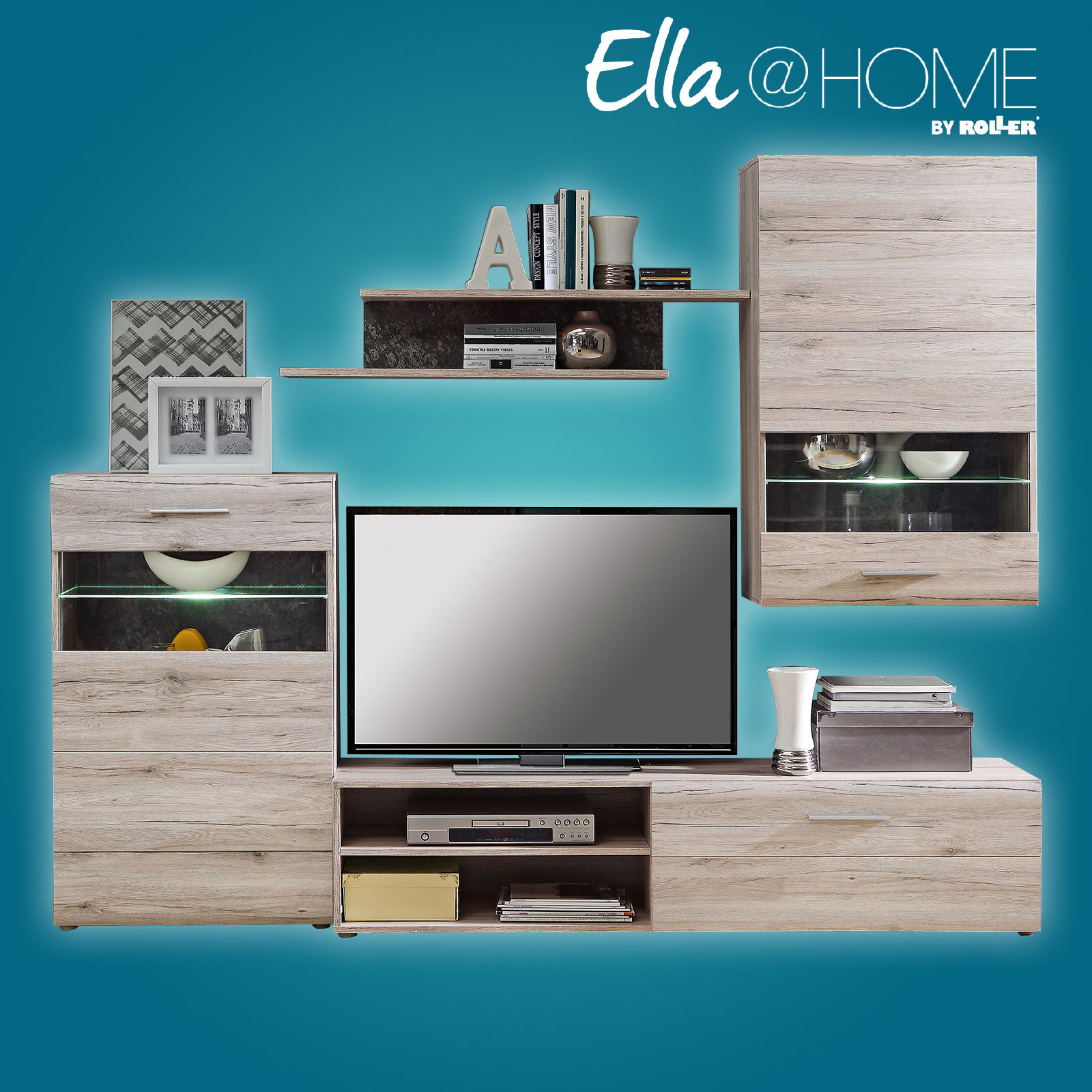Ella@HOME Wohnwand - Sandeiche - mit Beleuchtung - 228 cm breit
