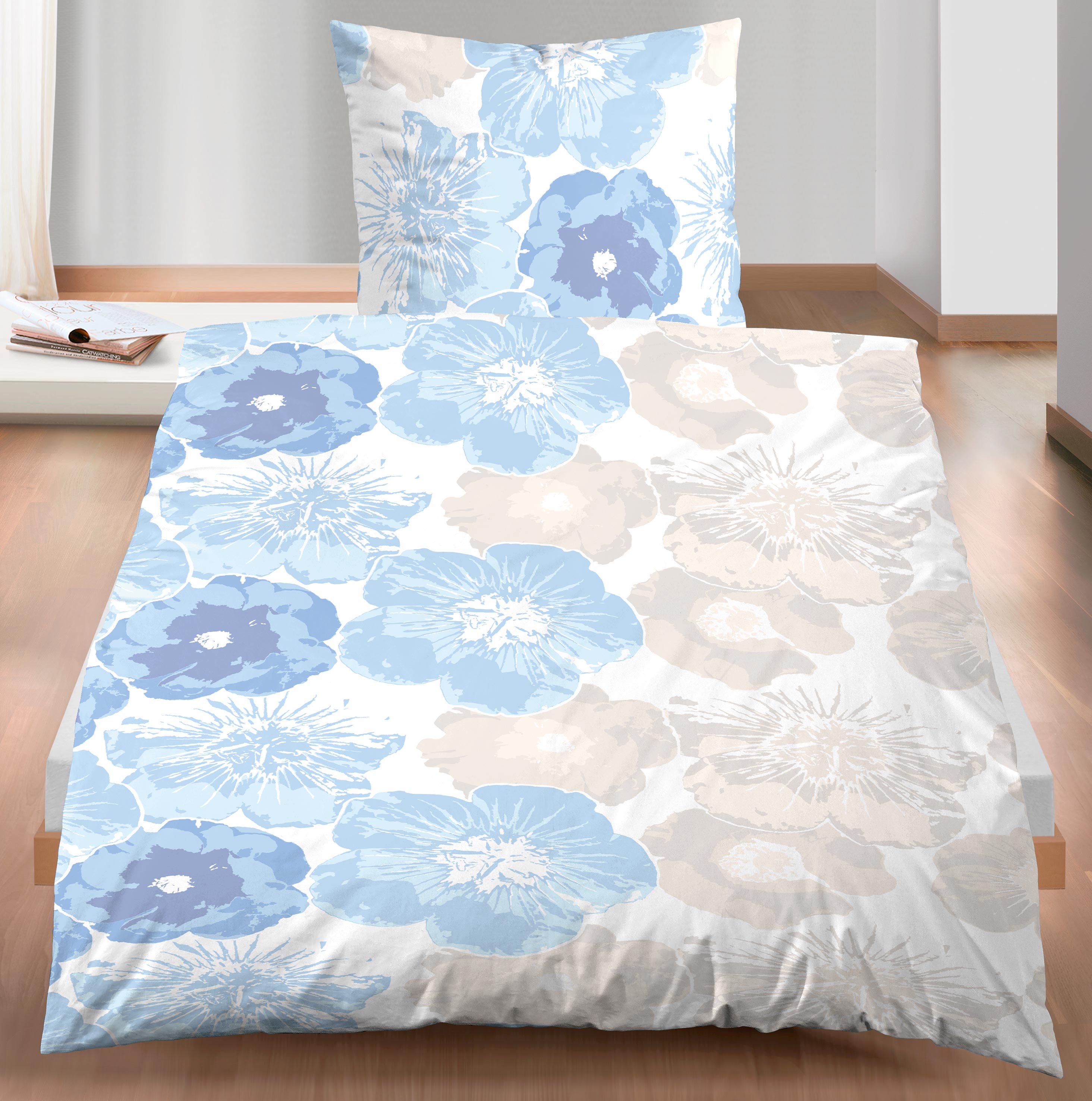 Biber-Bettwäsche - blau - Blumen - 135x200 cm