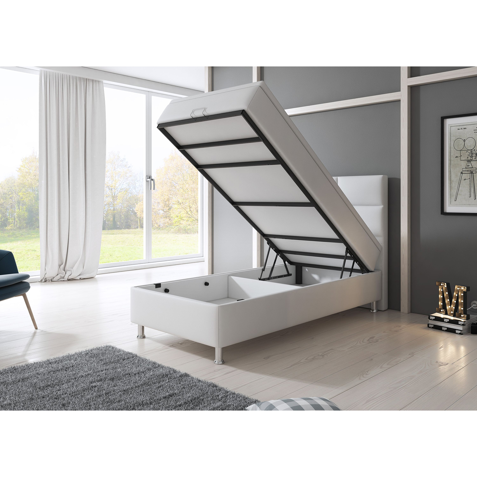 Boxspringbett MIAMI - weiß - mit Bettkasten - H3 - 90x200 cm