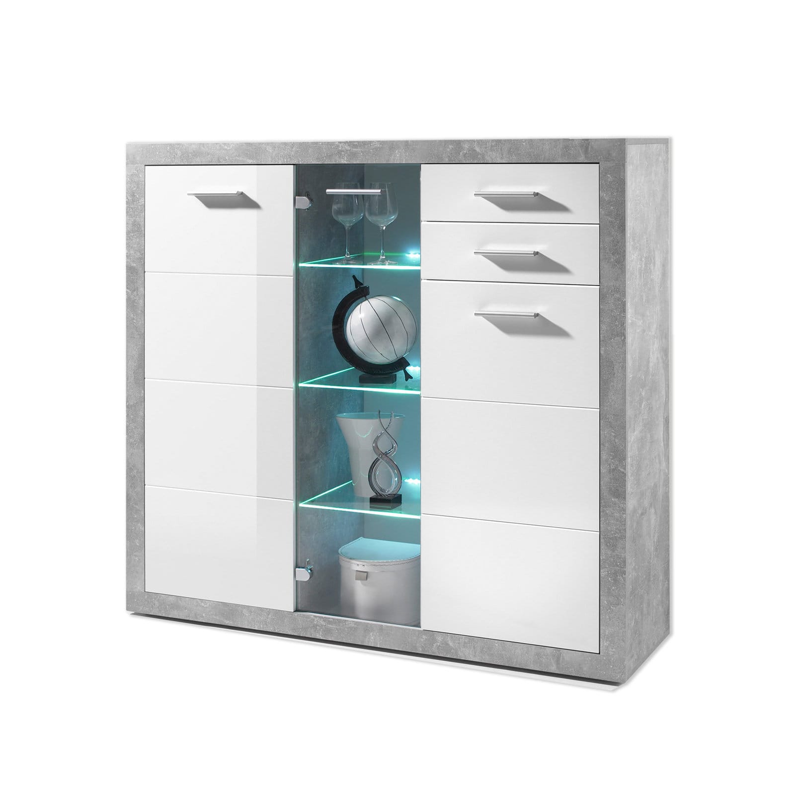 Highboard - Beton-Optik - weiß - mit Beleuchtung