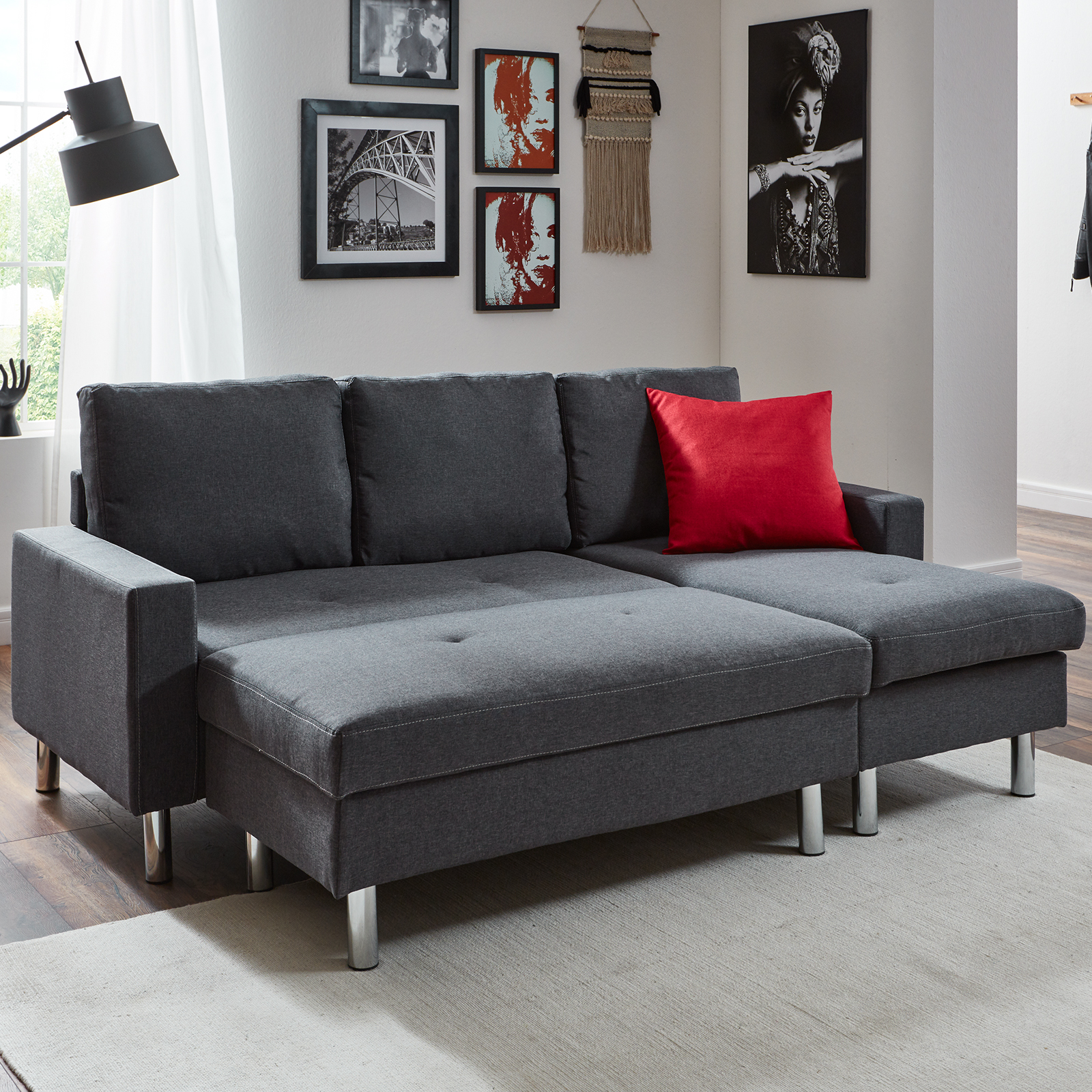 Ecksofa - grau - Webstoff - beidseitig montierbar