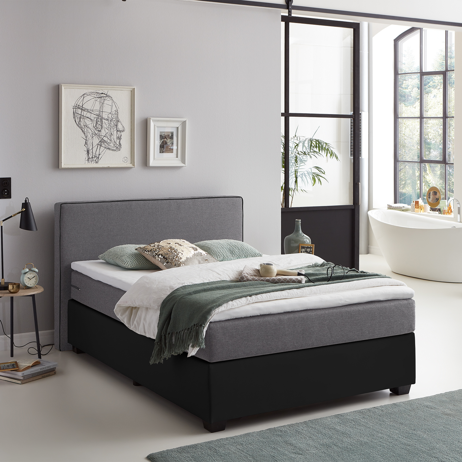 Boxspringbett - schwarz-hellgrau - H2 - 140x200 cm