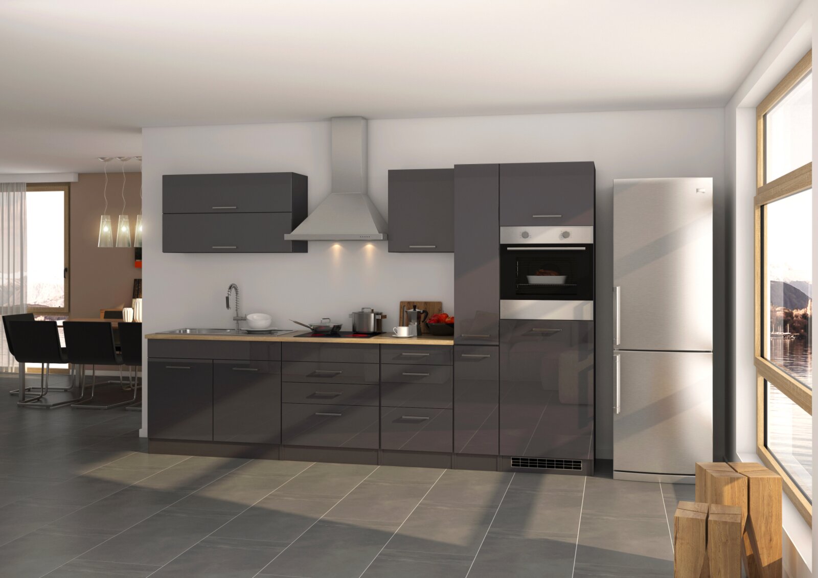 Küchenblock ROM - grau Hochglanz - mit E-Geräten - 320 cm | Online bei  ROLLER kaufen