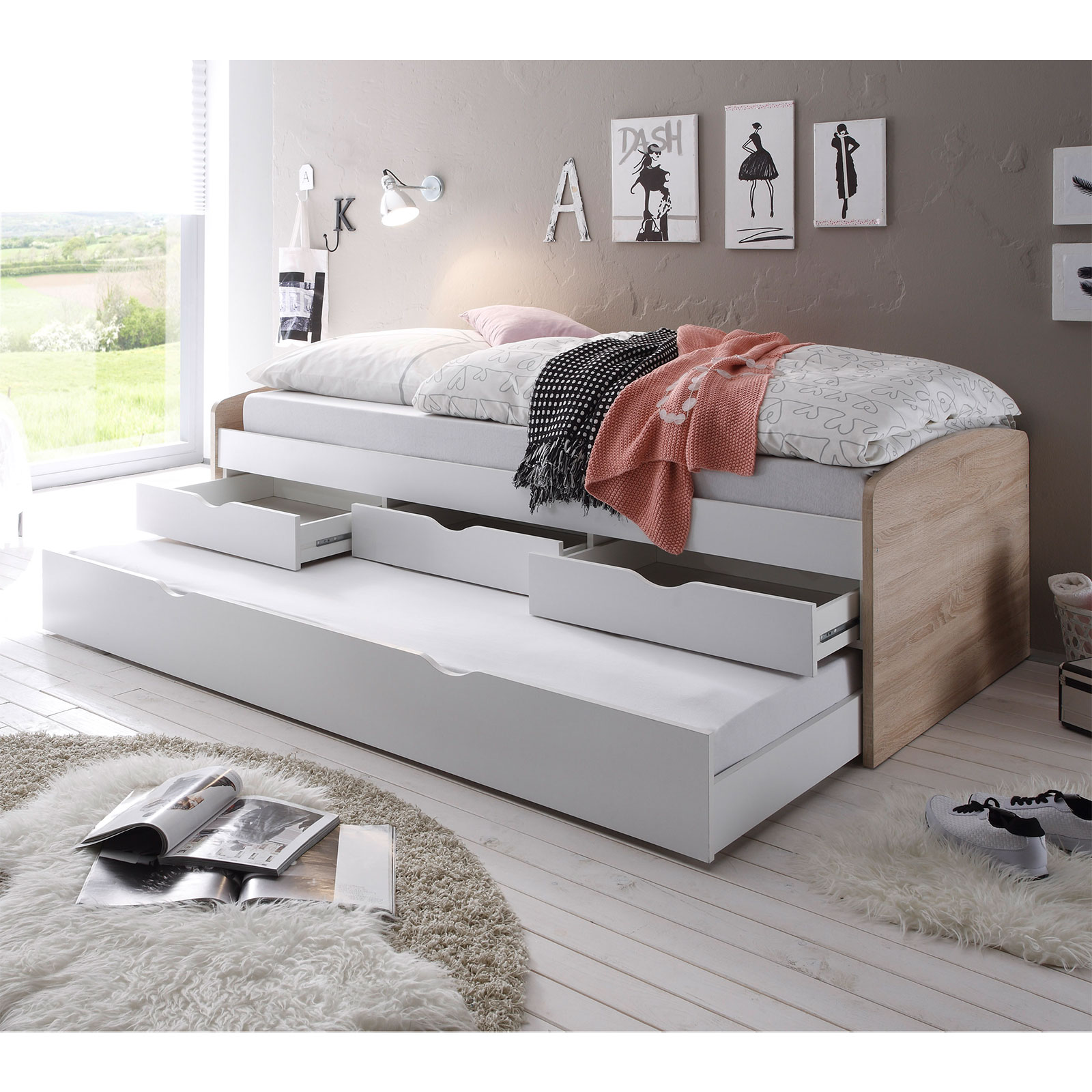 Funktionsbett - Sonoma Eiche-weiß - 2x 90x200 cm