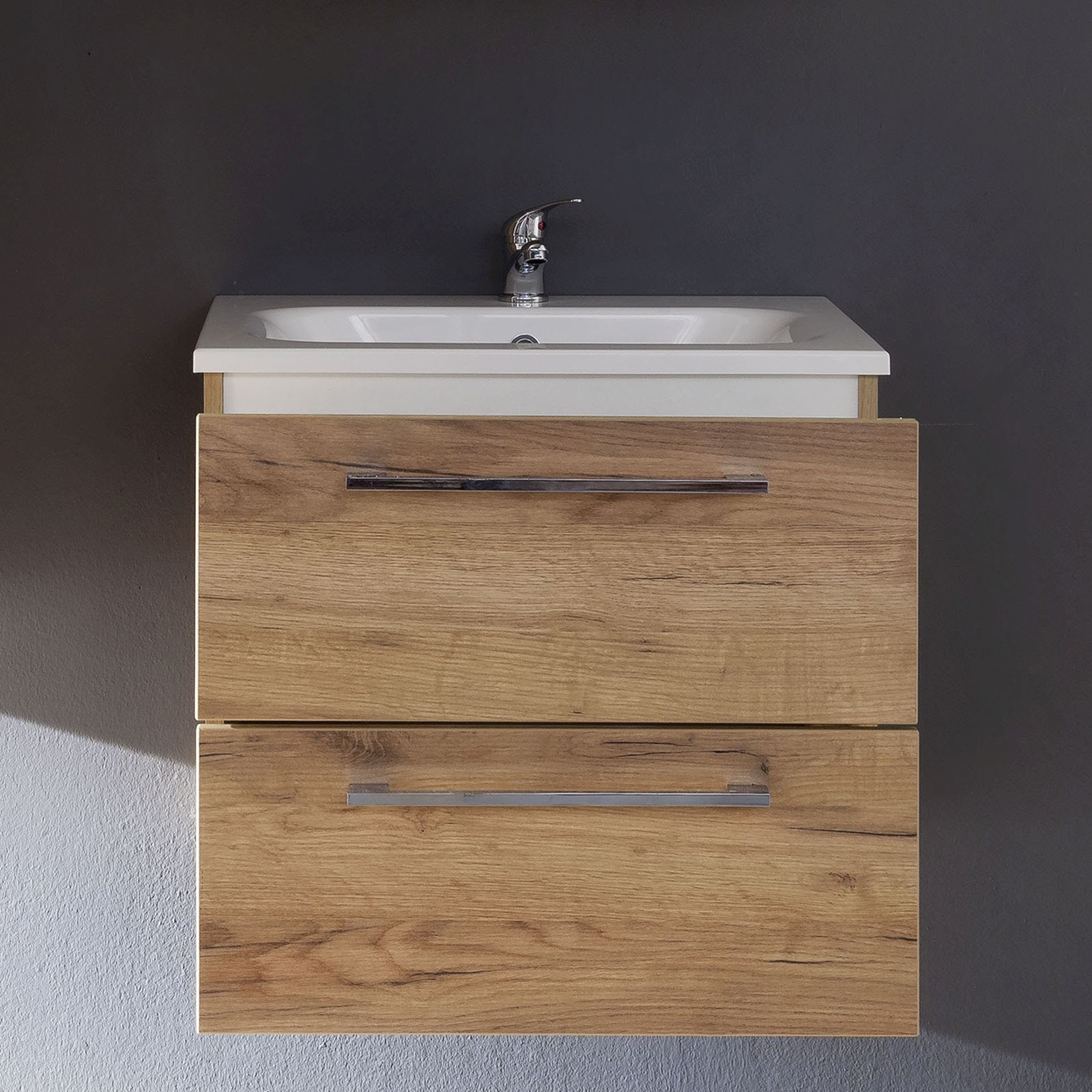 Waschbeckenunterschrank - Trüffel Eiche - mit Keramikbecken - 61 cm breit