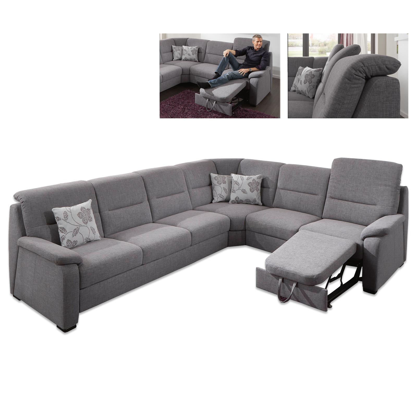 polsterpower Ecksofa grau mit ausziehbarem Hocker Online bei