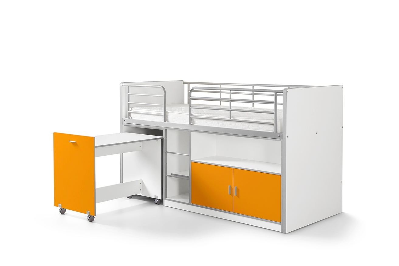 Funktions-Hochbett BONNY - weiß-orange - mit Schreibtisch - 90x200 cm