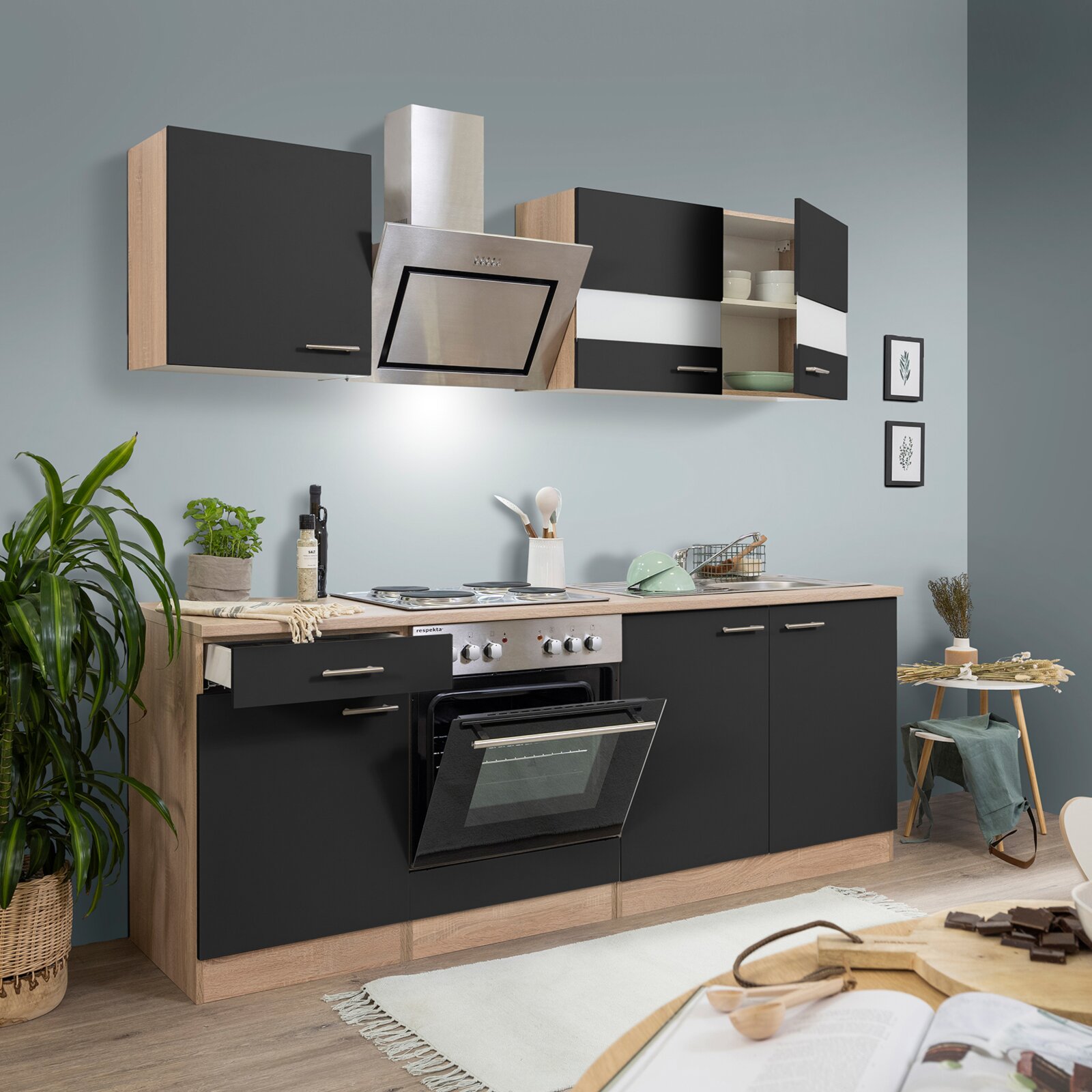 RESPEKTA Küchenzeile - schwarz - Eiche sägerau - mit E-Geräten - 210 cm |  Online bei ROLLER kaufen