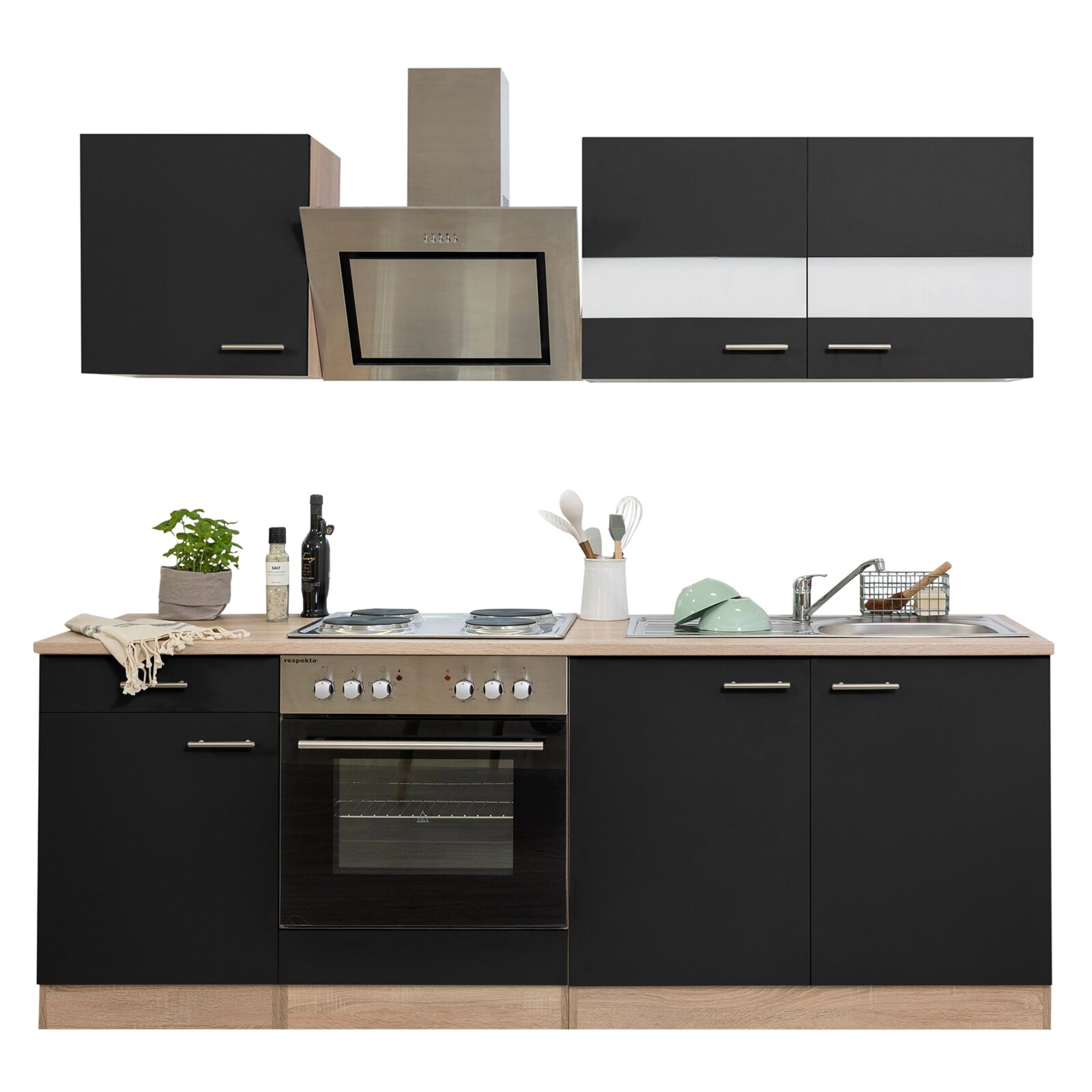 RESPEKTA Küchenzeile - schwarz - Eiche sägerau - mit E-Geräten - 210 cm |  Online bei ROLLER kaufen